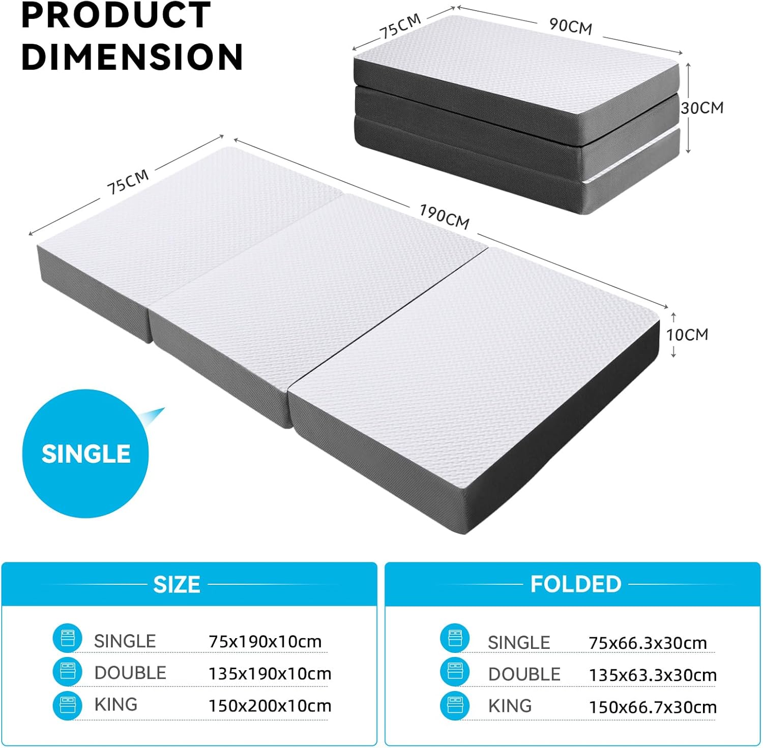Thumbnail 1 de Autsel Foldable Folding Mattress Single Tri-fold Memory Foam