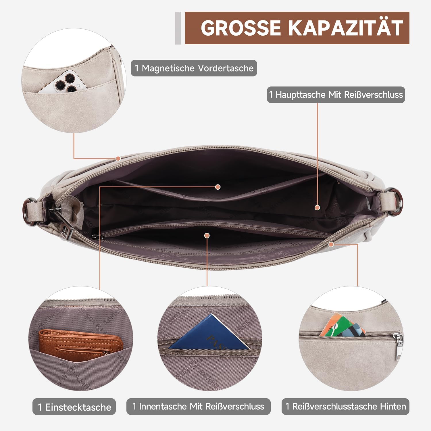 Thumbnail 3 de APHISON Klein Crossbody Bag mit breitem Gurt – graue Umhängetasche aus veganem Leder mit abnehmbarem Schultergurt
