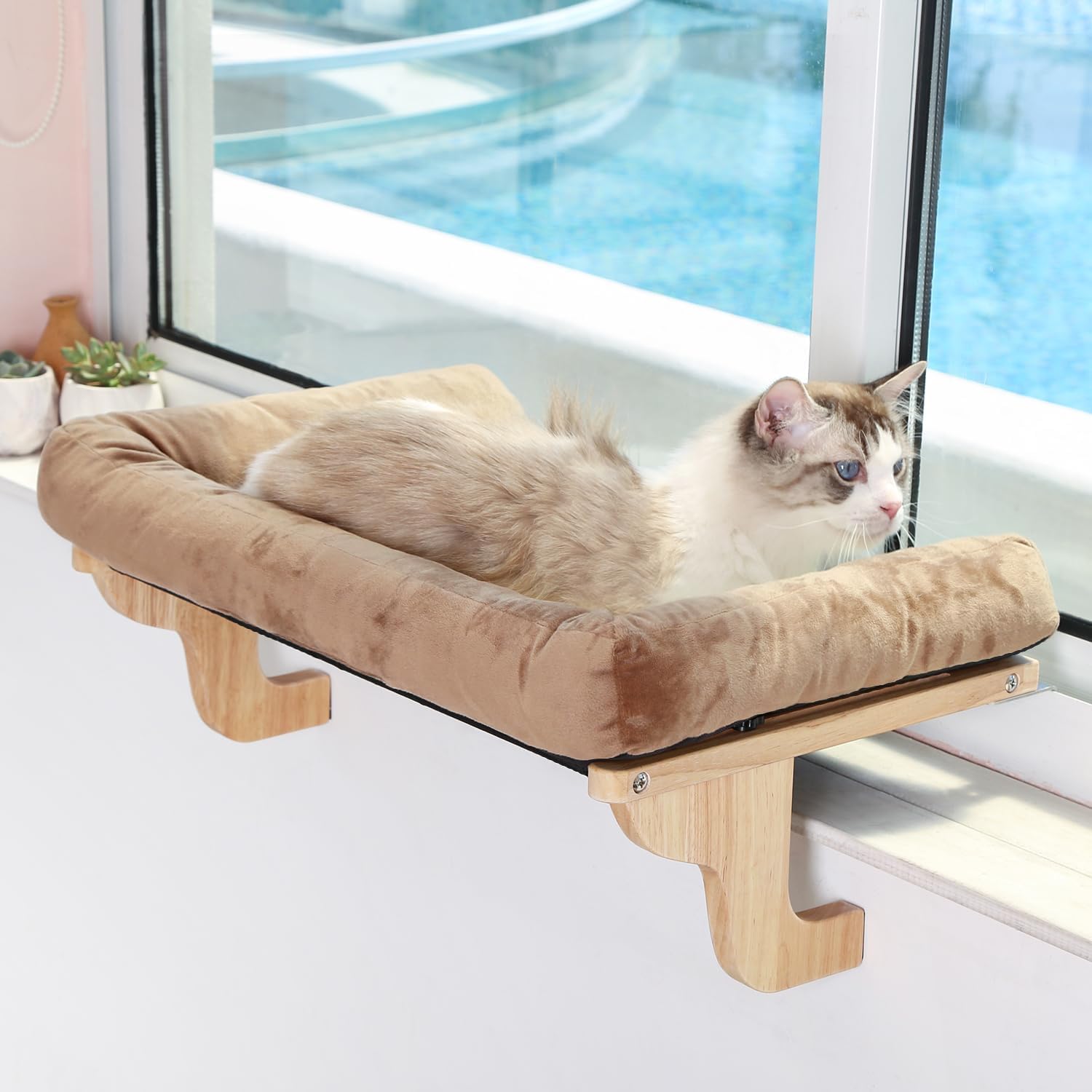 Detalle de Zakkart CWP03-L-BR Cat Window Perch, Large Hardwood Frame and Washable Brown Bed