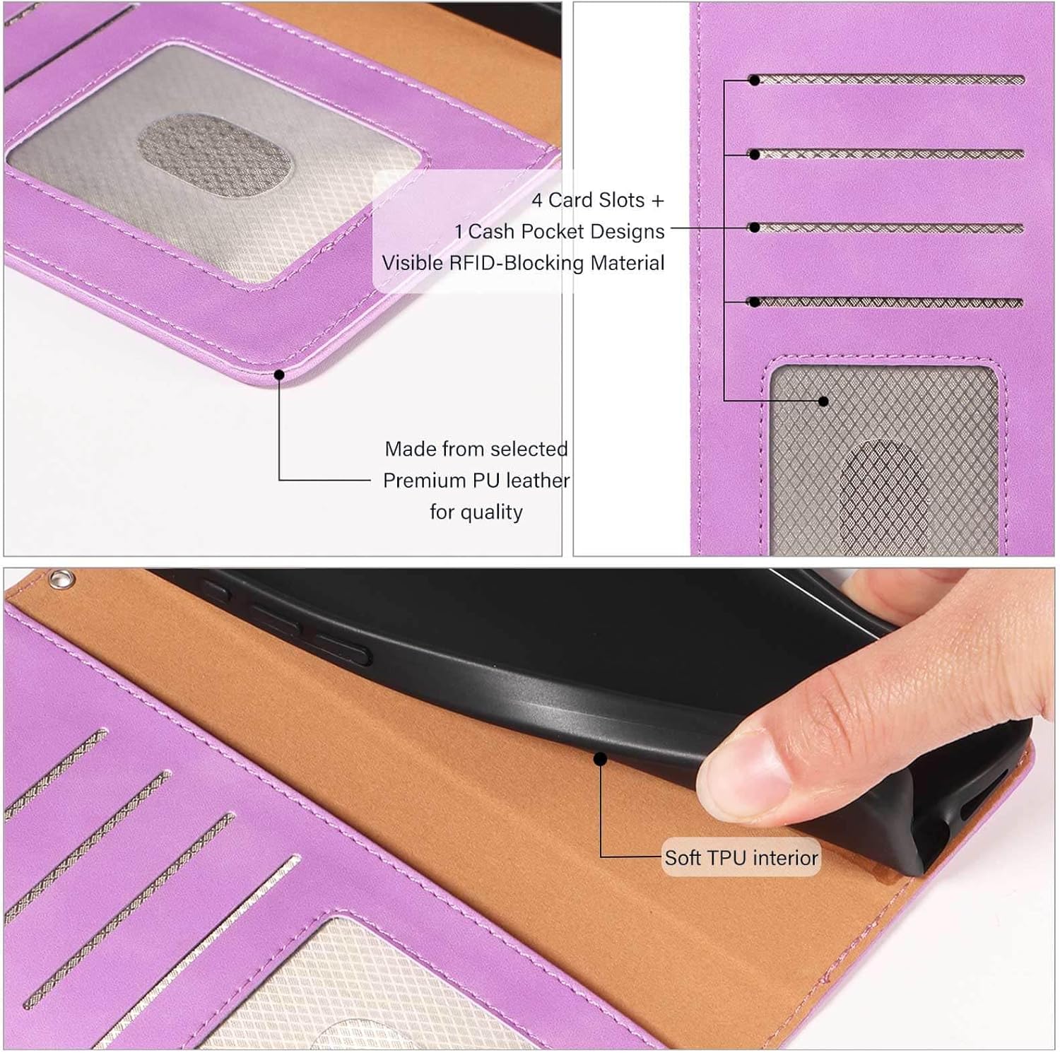 Thumbnail 6 de GOTOURED Leather Wallet Case for Motorola G06 / G06 Power with RFID Blocking, 4 Card Slots, Wrist Strap and Kickstand (Purple)