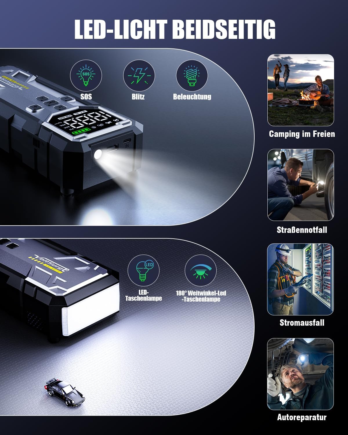 Detalle de 7000A Starthilfe Powerbank mit Kompressor: 4-in-1 Begleiter für Auto, Bike und mehr