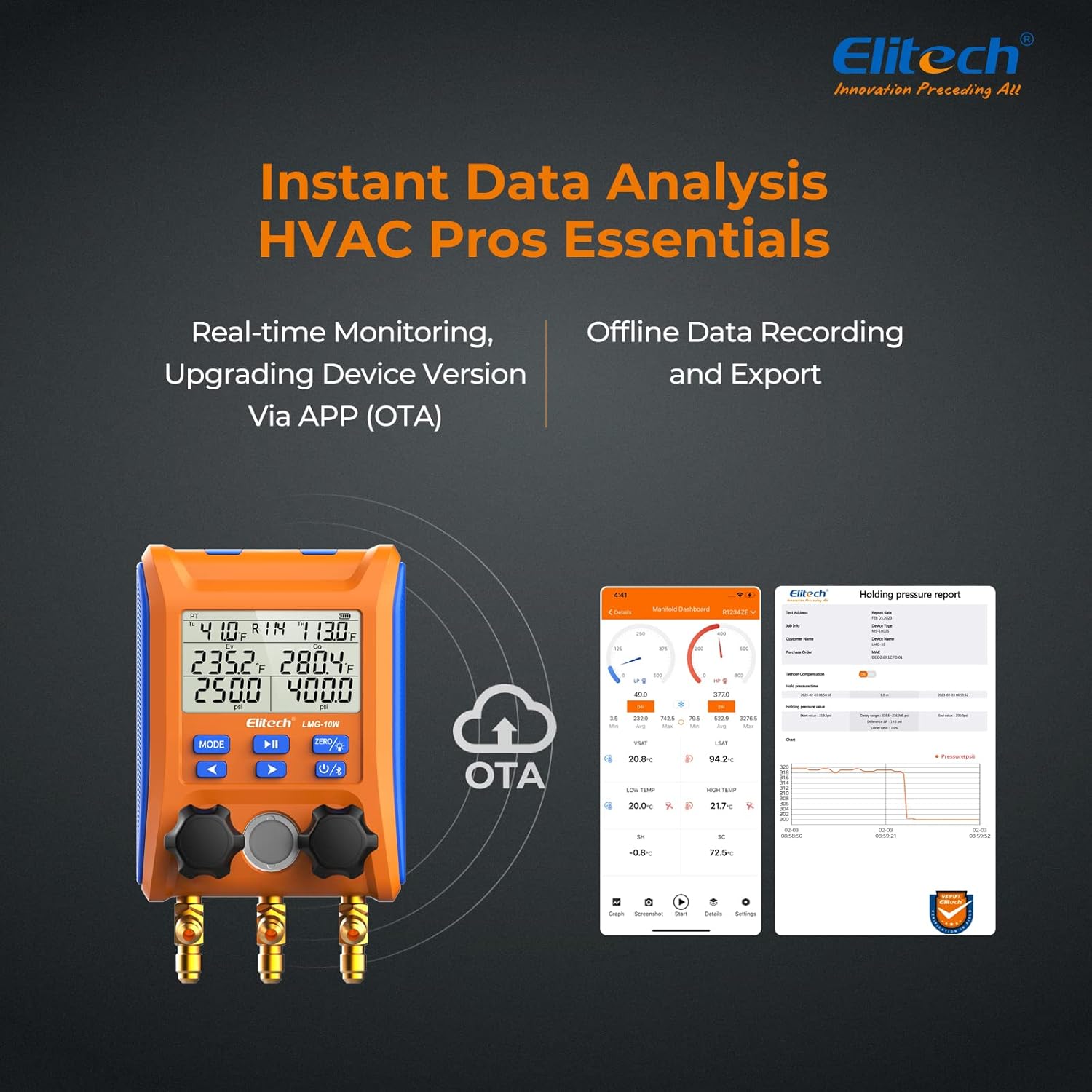 Detalle de Elitech LMG-10W Wireless Digital Manifold Gauge Set with Data Logging (HVAC Refrigerant Gauges)