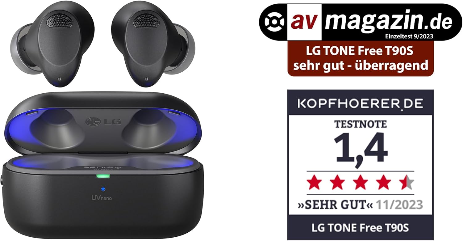Thumbnail 1 de LG Tone Free T90S In-Ear Bluetooth-Kopfhörer mit Dolby Atmos, Meridian-Technologie und ANC – Schwarz