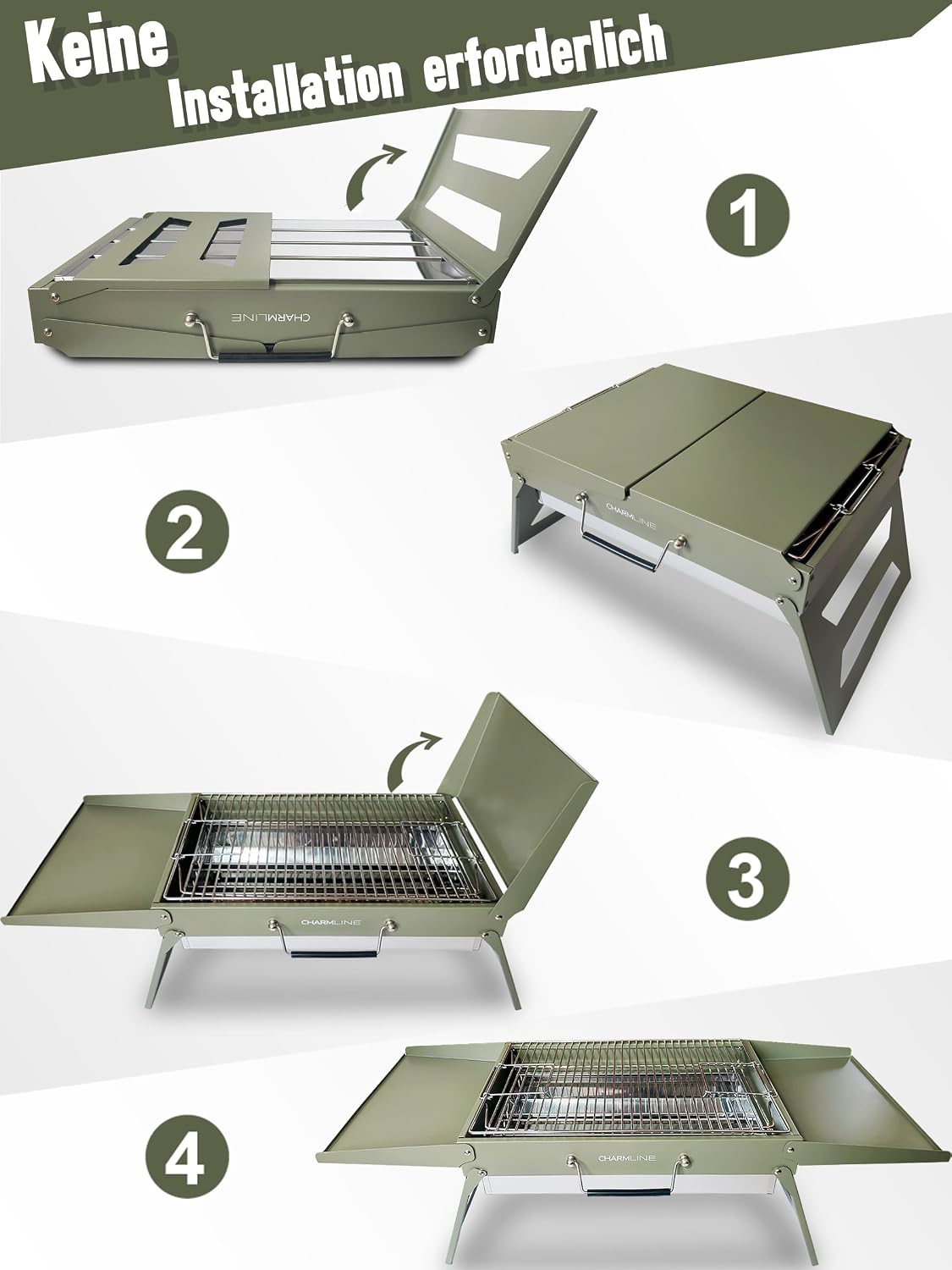 Detalle de Charmline Tragbarer Holzkohlegrill – Klappbar, 51 × 35 cm, Für 3–5 Personen, Grün