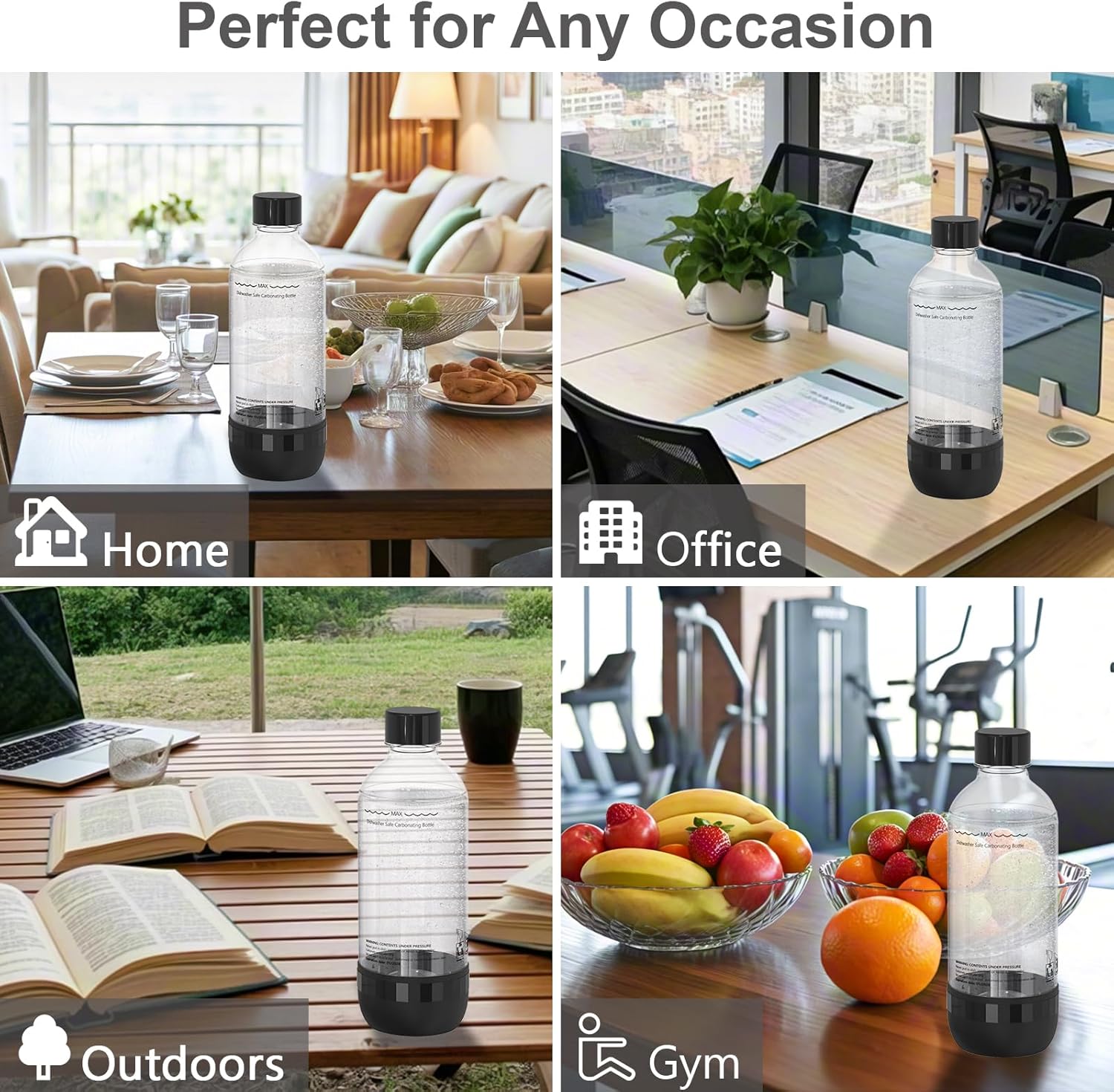 Thumbnail 5 de SunnyOcean lot de 2 bouteilles à soda réutilisables 1 L, PET sans BPA (noir) pour machine à soda