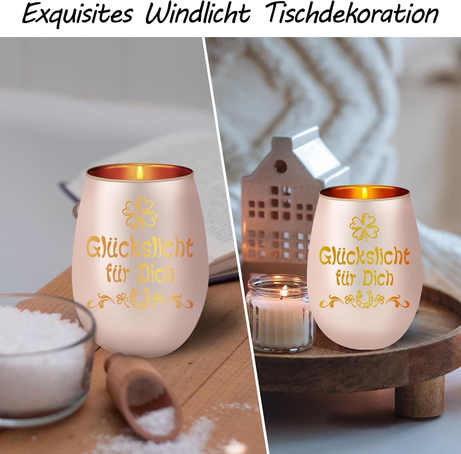 Detalle 2 de HOWAB Rosa Windlicht Glas mit Gravur Glückslicht