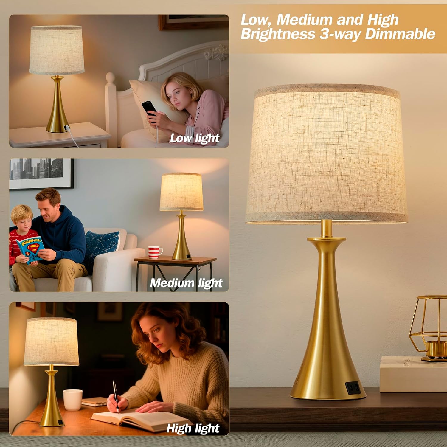 Detalle 2 de Hikczc H-2T-139-B Touch Table Lamps, Set of 2, Gold with USB-C/A