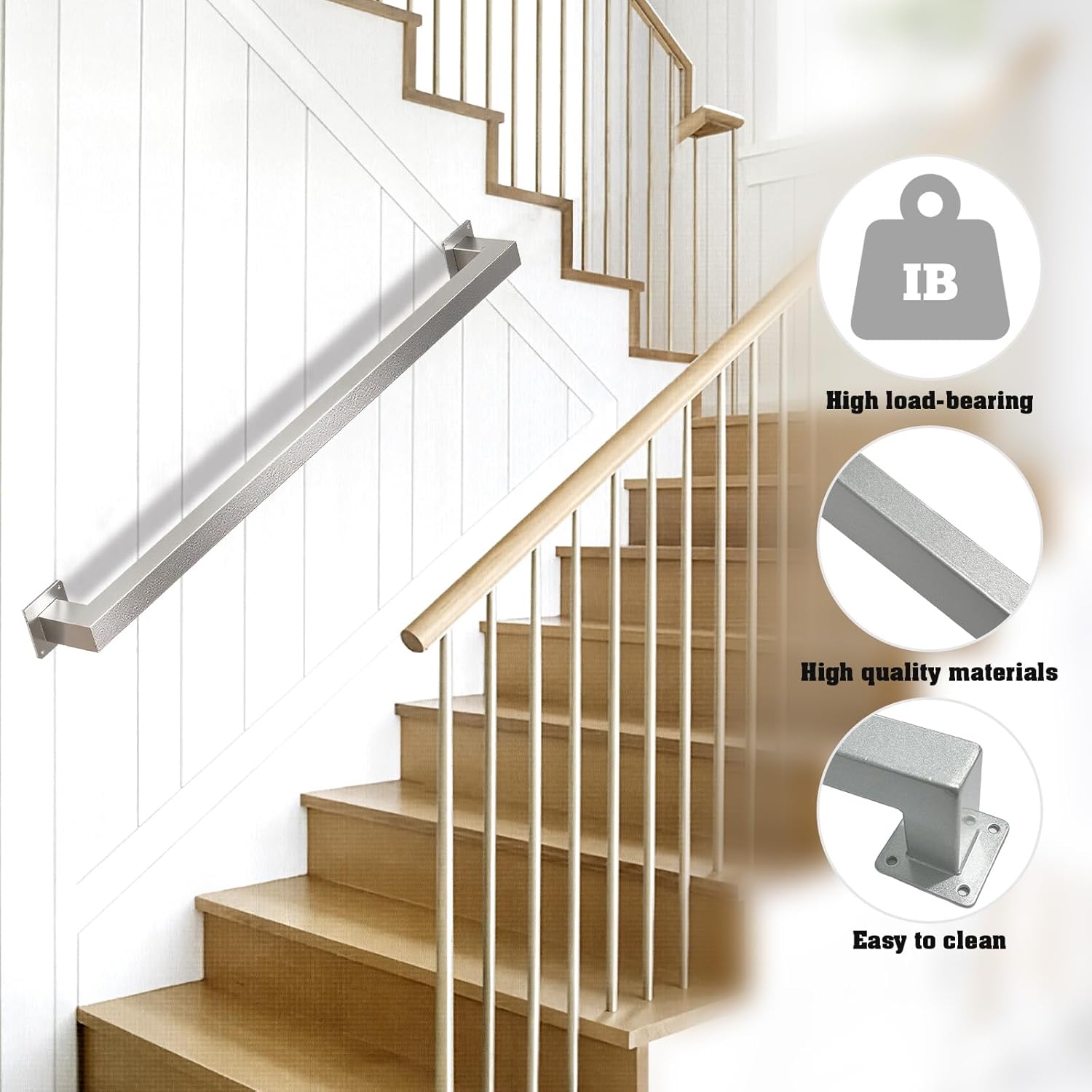 Thumbnail 2 de Handlauf Geländer Treppe Innen/Außen – Edelstahl-Optik, 30 cm, vierkantrohr, Weiß beschichtet