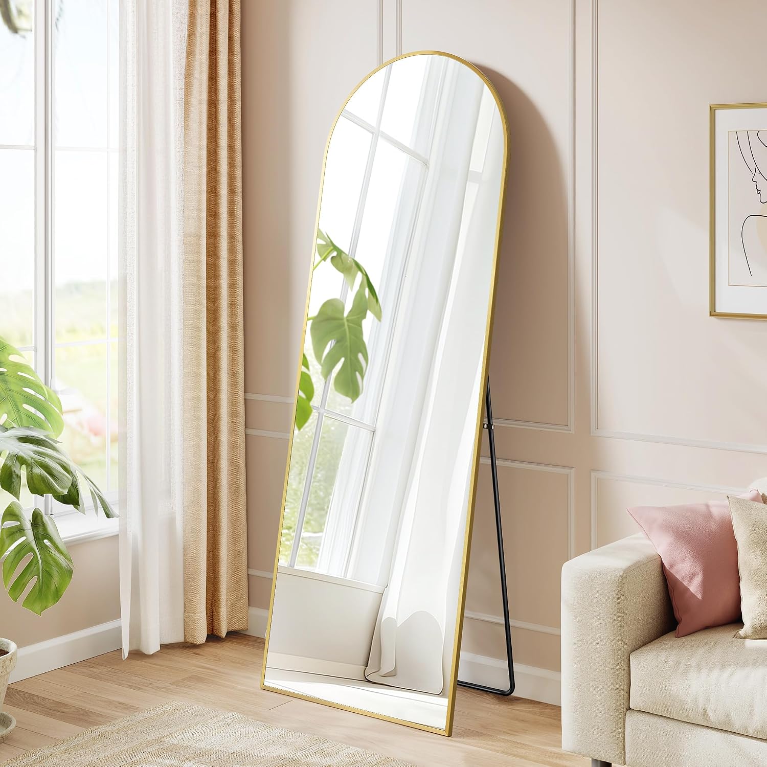 Detalle de SONGMICS ULFM031A01 Arched Full-Length Mirror, 63 x 20 Inches, Pale Gold