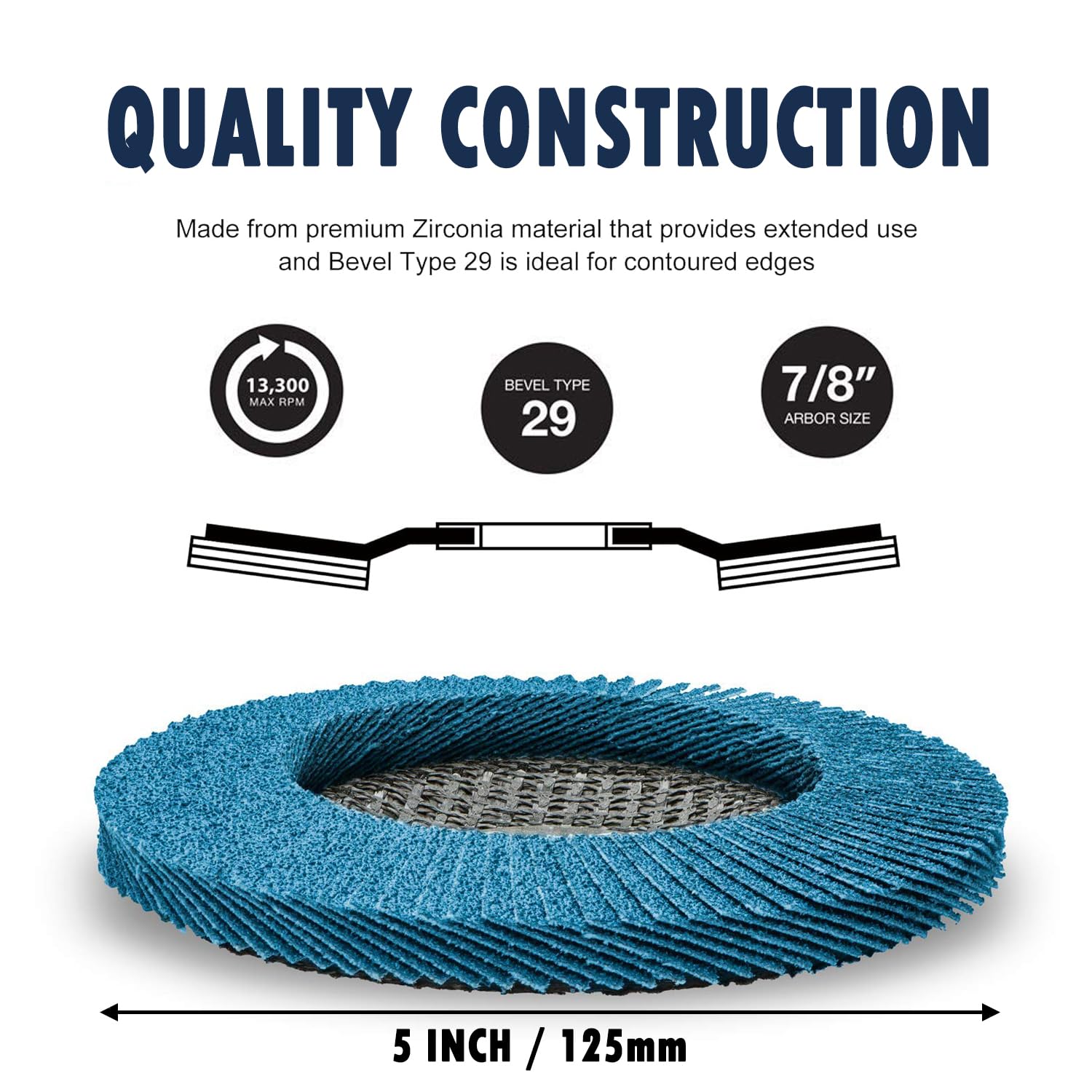 Detalle de vuwo Professional Fächerschleifscheibe 125 mm – T29, Korn 120, 22,23 mm Bohrung, Hartzirkon, Metall & Holz