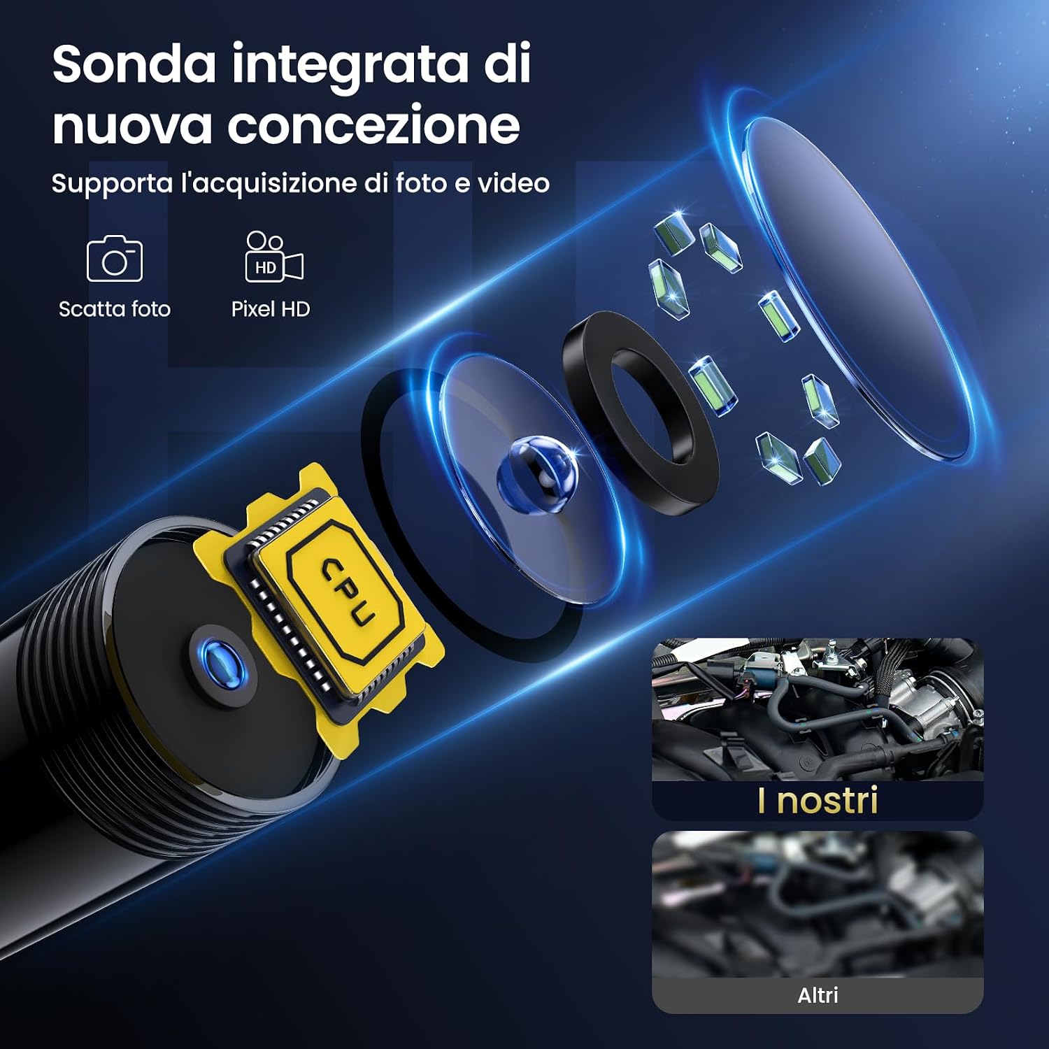 Detalle 2 de Maxpow Endoscopio per Smartphone – Telecamera Endoscopica 1920HD IP67, Sonda 5 m con 8 LED, Compatibile Android e iOS