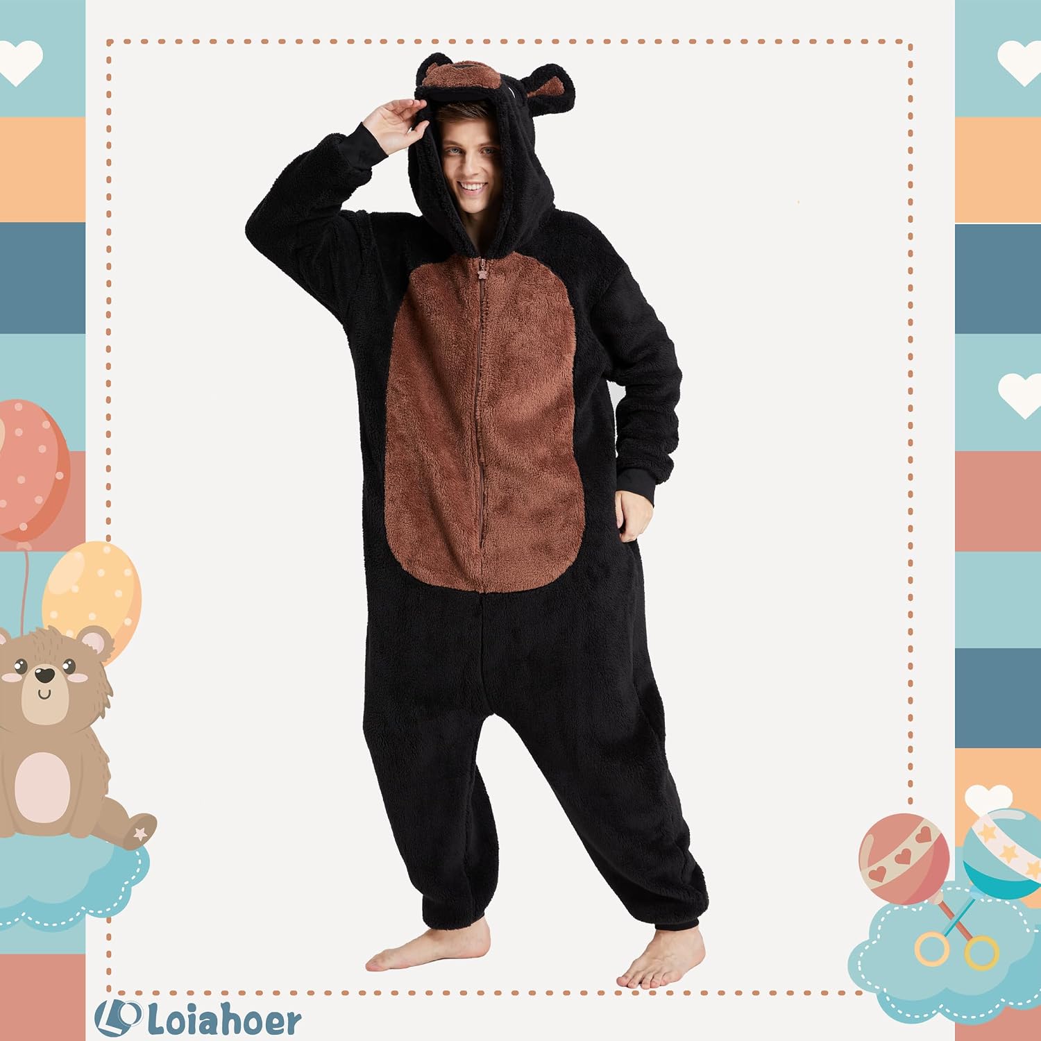 Detalle de Loiahoer Bear Onesie Pajamas, Hooded Zipper Costume in Shu Velveteen