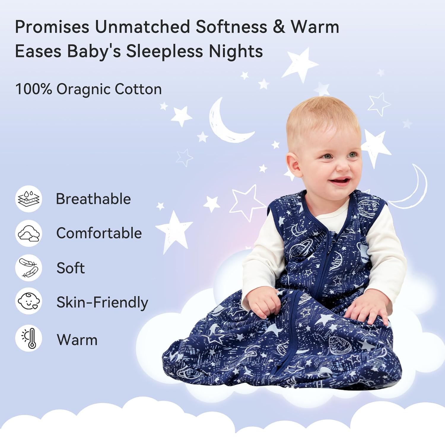 Thumbnail 1 de Unnivoll 3er Pack Schlafsack Baby Sommer 0.5 Tog – 100% Baumwolle, 67 cm, 0–6 Monate, grau/blau, 3er-Set