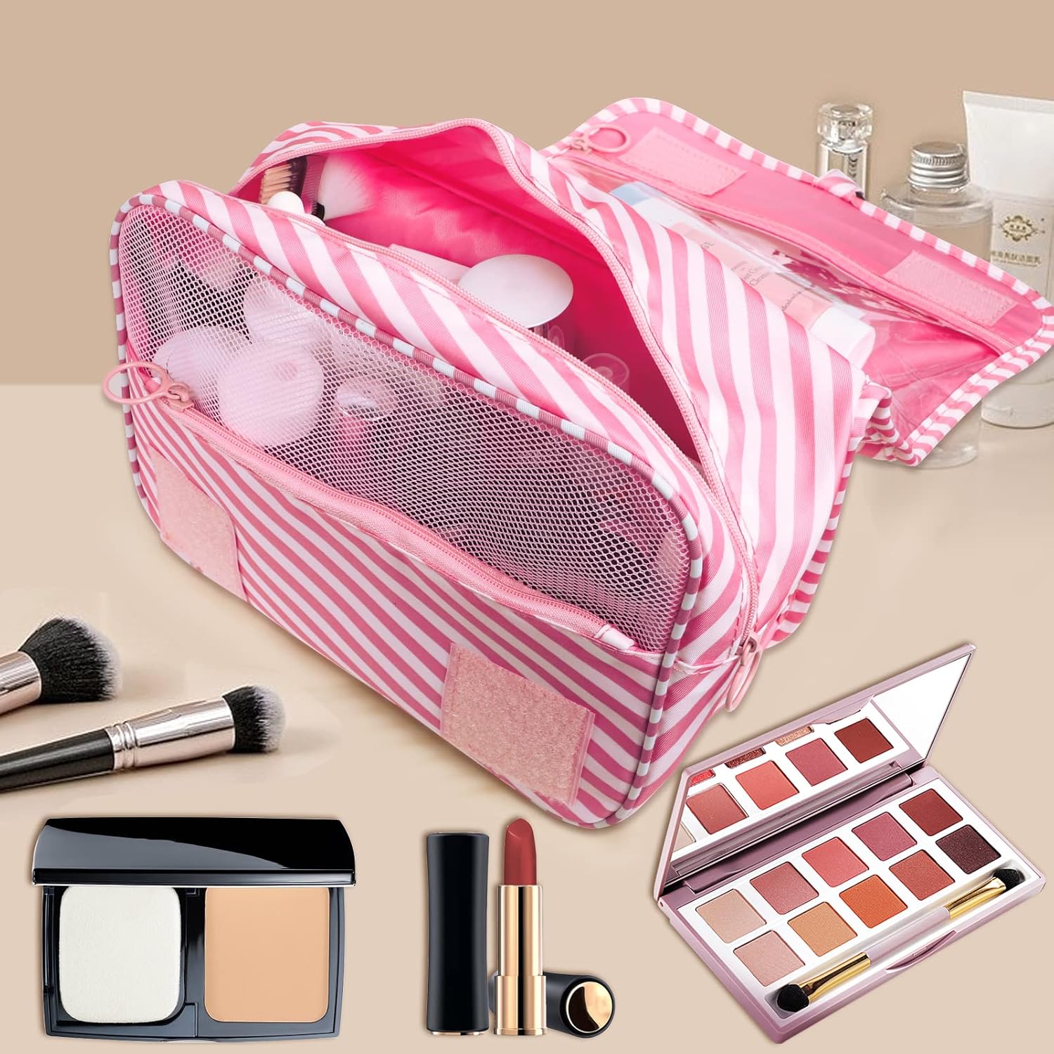Detalle de Kulturtasche Damen mit Karabinerhaken – Aufhängbare Reisekulturbeutel in Rosa
