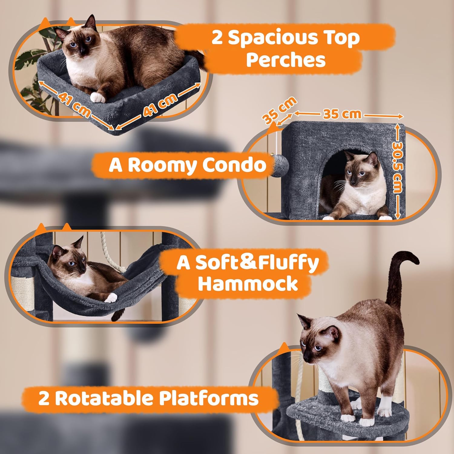 Thumbnail 3 de Yaheetech 150cm Large Cat Tree Tower with Condos, Hammock and Sisal Posts for Indoor Cats