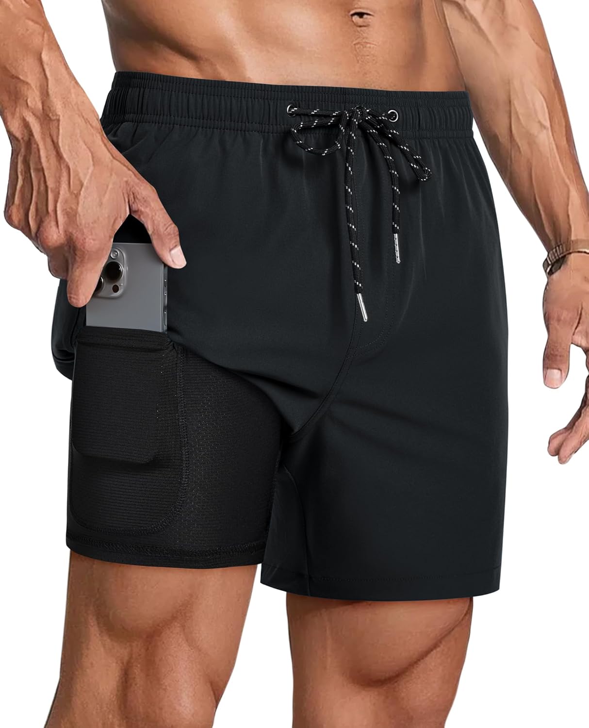 Detalle de Gleeease 5inch Mens Swim Trunks: 2-in-1 Compression Liner, Quick-Dry with Zipper Pockets