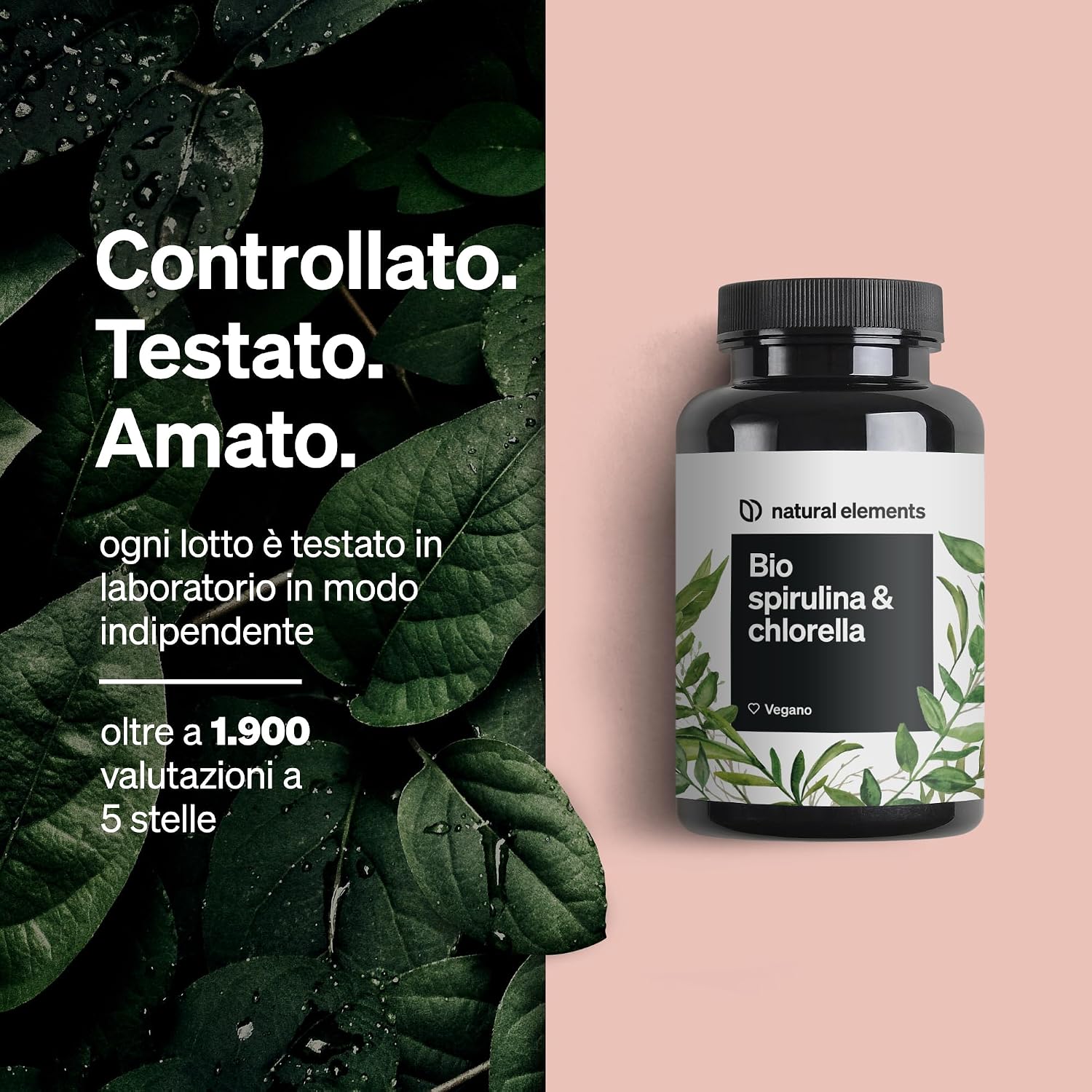 Detalle 2 de Spirulina Bio & Chlorella Natural Elements, 500 compresse (dose giornaliera 2.400 mg + 2.400 mg)
