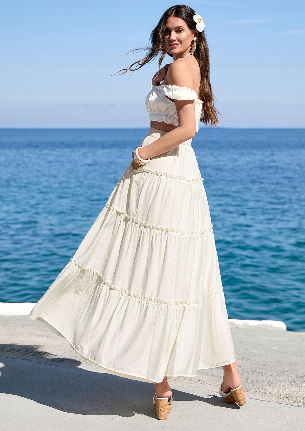Thumbnail 3 de PRETTYGARDEN Boho Tiered Maxi Skirt for Women with Elastic Waistband & Side Pockets
