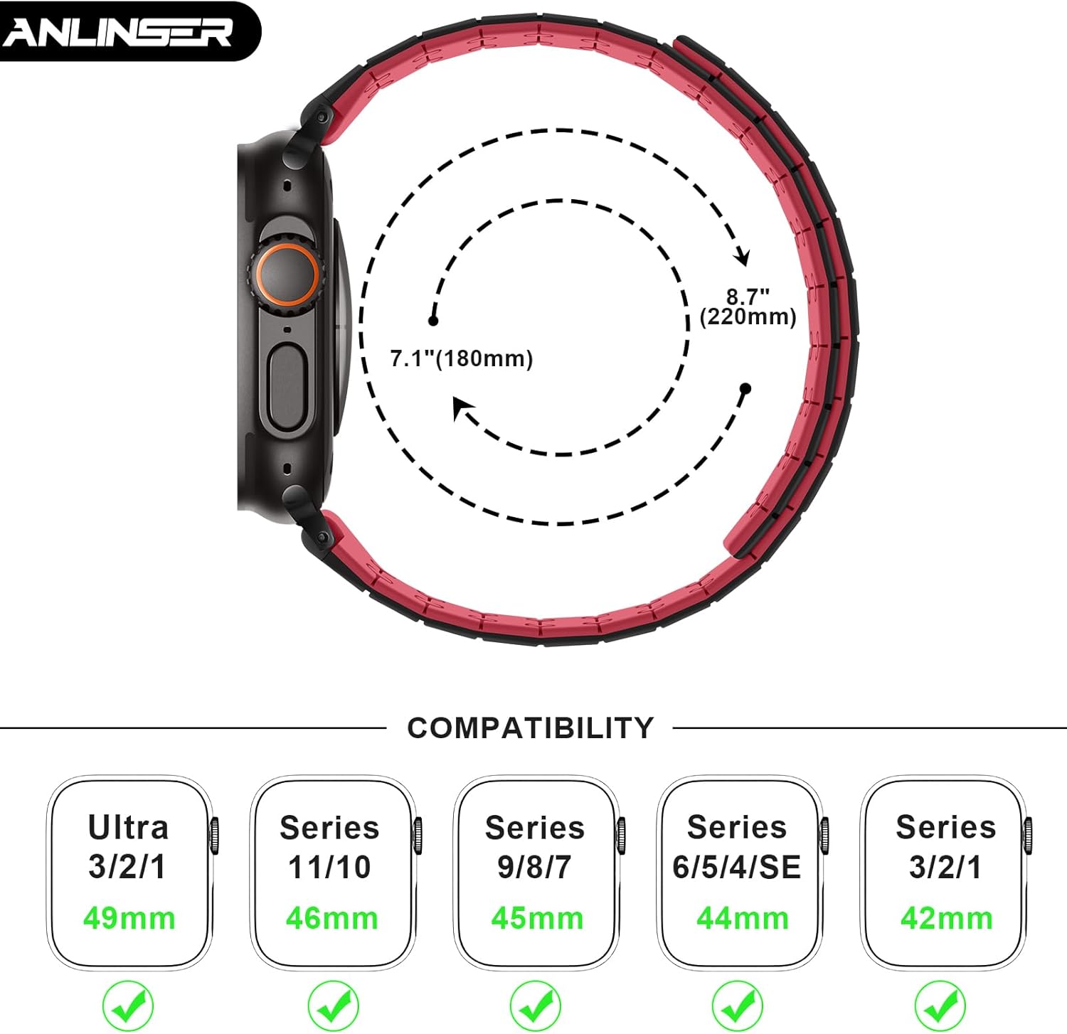 Thumbnail 5 de Anlinser Magnetic Silicone Watch Strap for Apple Watch Ultra & Series (49mm–42mm) in Red/Black