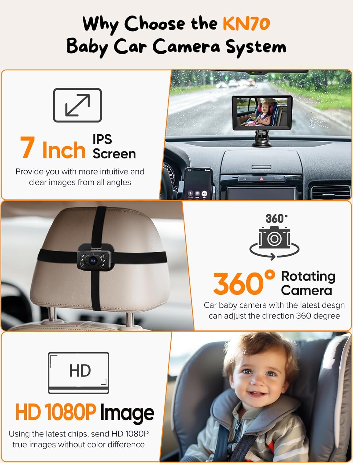 Thumbnail 1 de Kidsneed Baby Car Camera 7-Inch Monitor: 1080P Rear-Facing Dual Cameras for Safer Travel