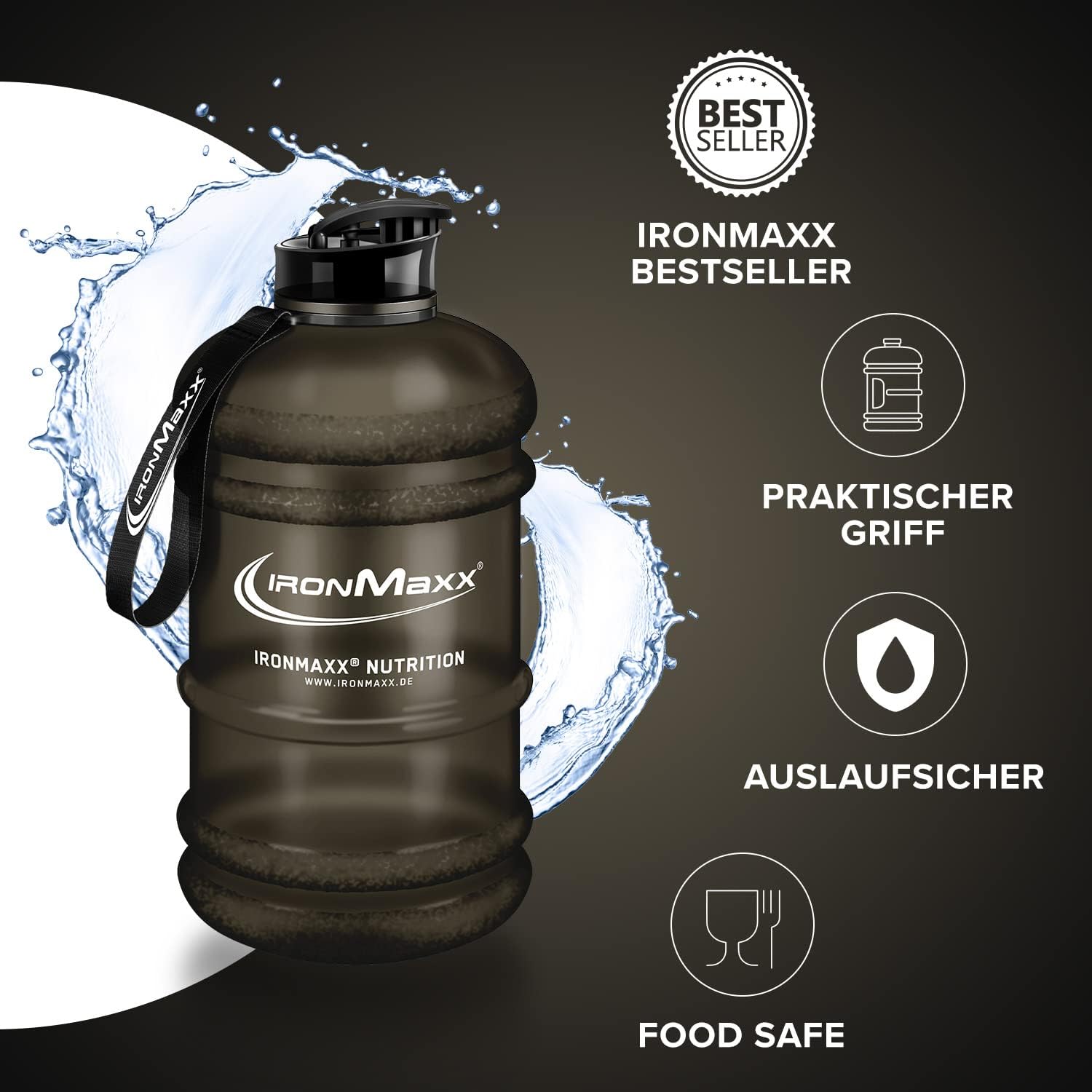 Thumbnail 1 de IronMaxx Water Gallon Frosted Black 2200ml – BPA/DEHP-frei, auslaufsicher & mit Tragegriff