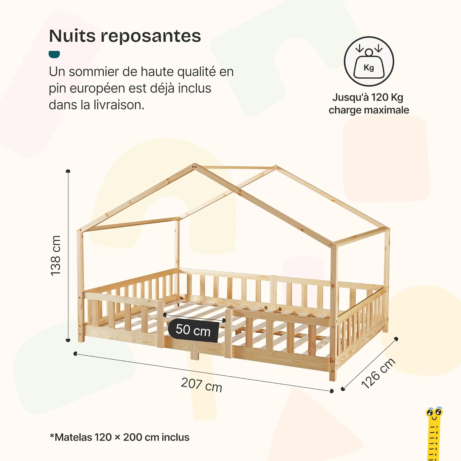 Thumbnail 1 de [en.casa] Lit d’enfant en forme de maison 200 x 120 cm avec barrière de protection et matelas à mousse à froid