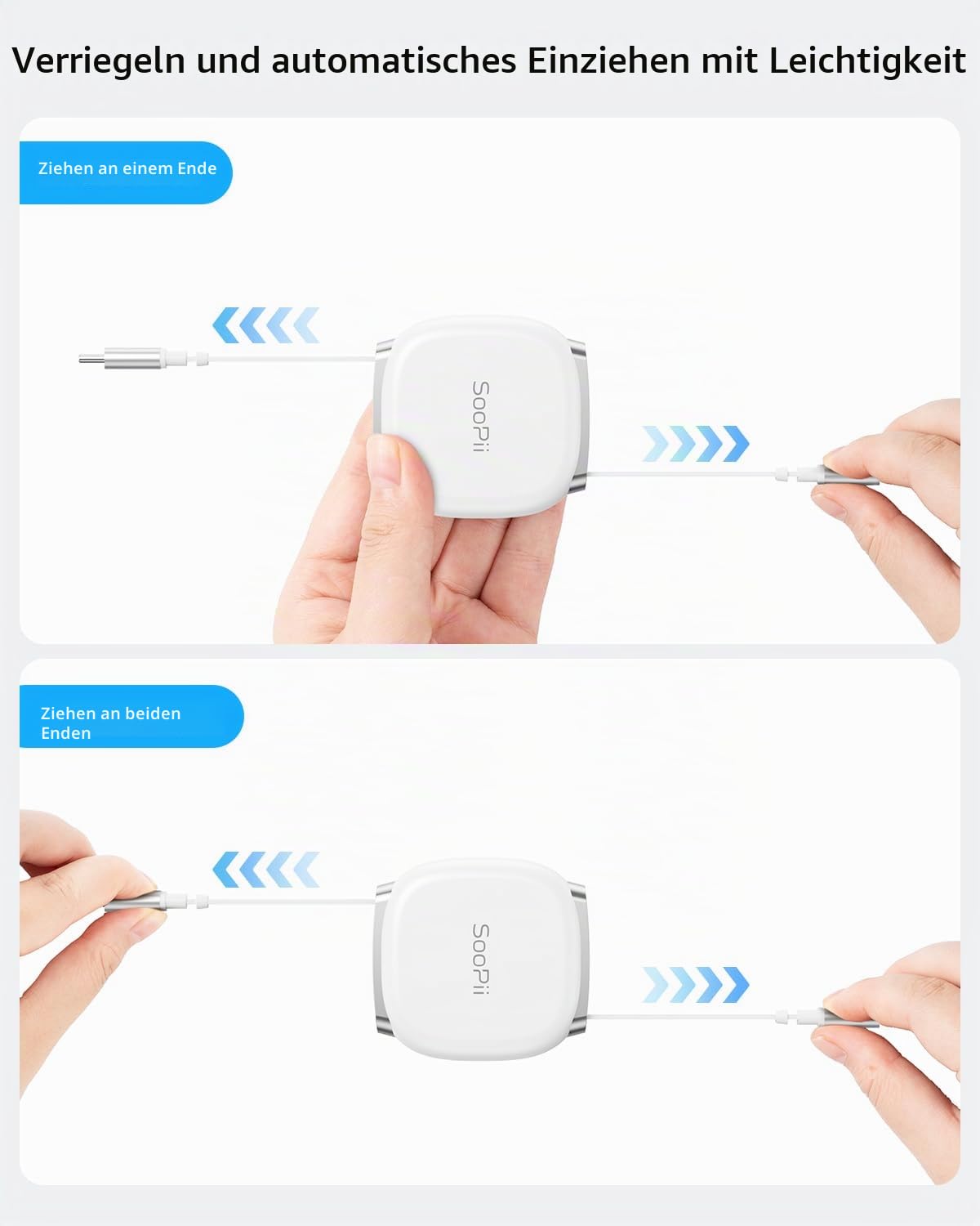 Detalle de SooPii retractables USB-C Kabel 240W PD 3.1 – 1 m, magnetische Aufbewahrung, 5 Längeneinstellungen