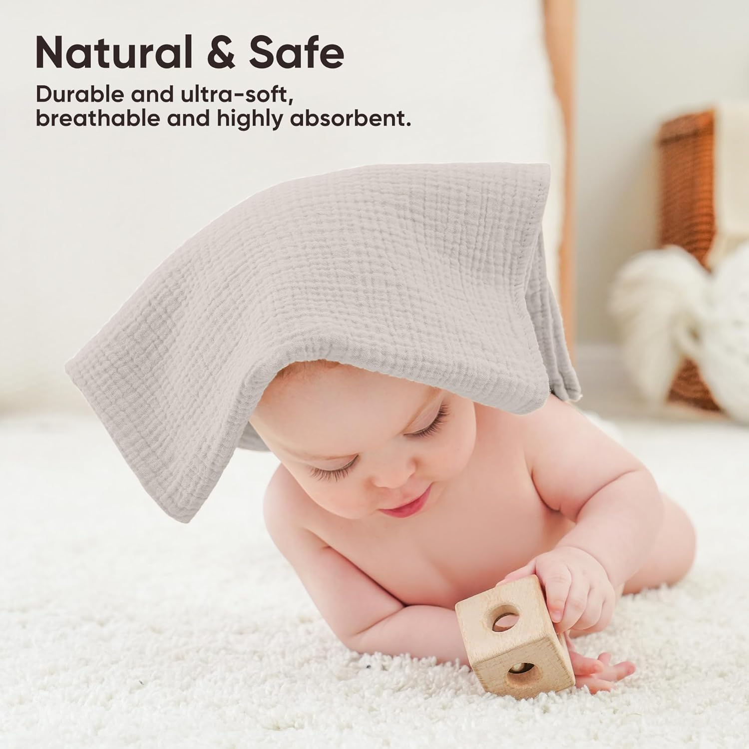 Detalle de bearmoss Muslin Squares Cloths – 100% Cotton Baby Burp Cloths, 60x60cm, Large Ultra-Absorbent, 6-Pack (Moss Rocks)