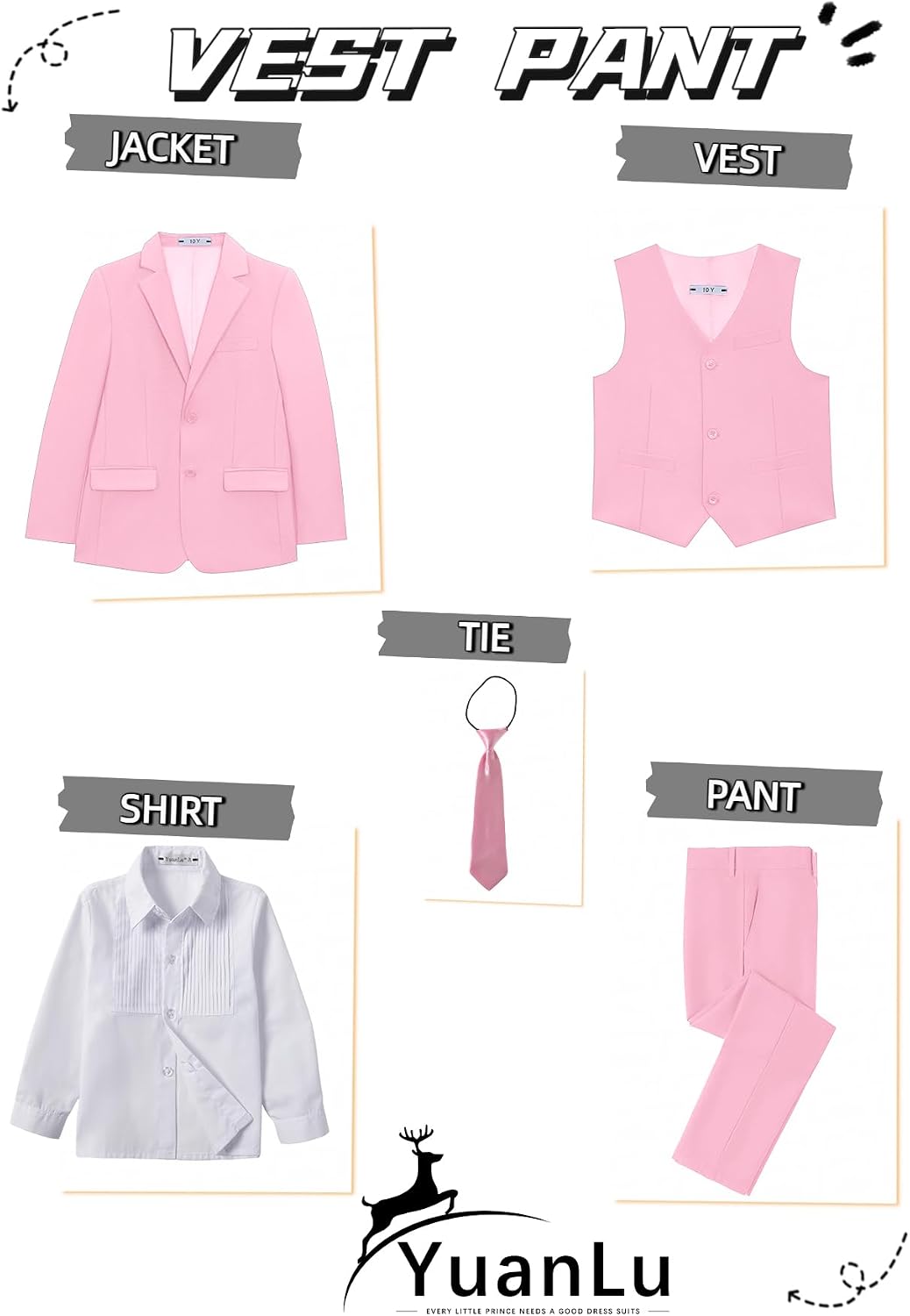 Detalle 2 de YuanLu Boys' Light Pink Slim-Fit Suit Set, Adjustable Waist, Ring Bearer