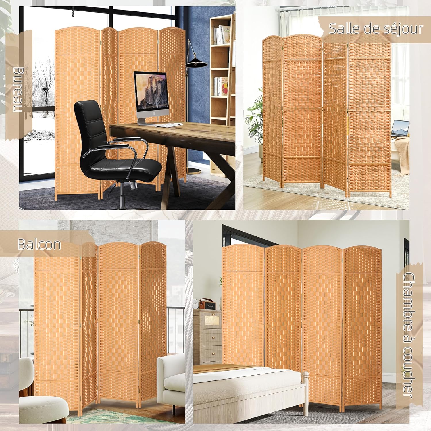 Thumbnail 5 de HOMCOM Paravent intérieur en Bois, 4 Panneaux – 180 x 180 cm, pliable, brun clair
