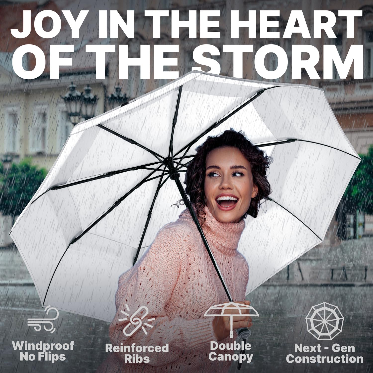 Detalle 2 de Royal Walk windproof folding travel umbrella with automatic open/close and genuine real wood handle (White)