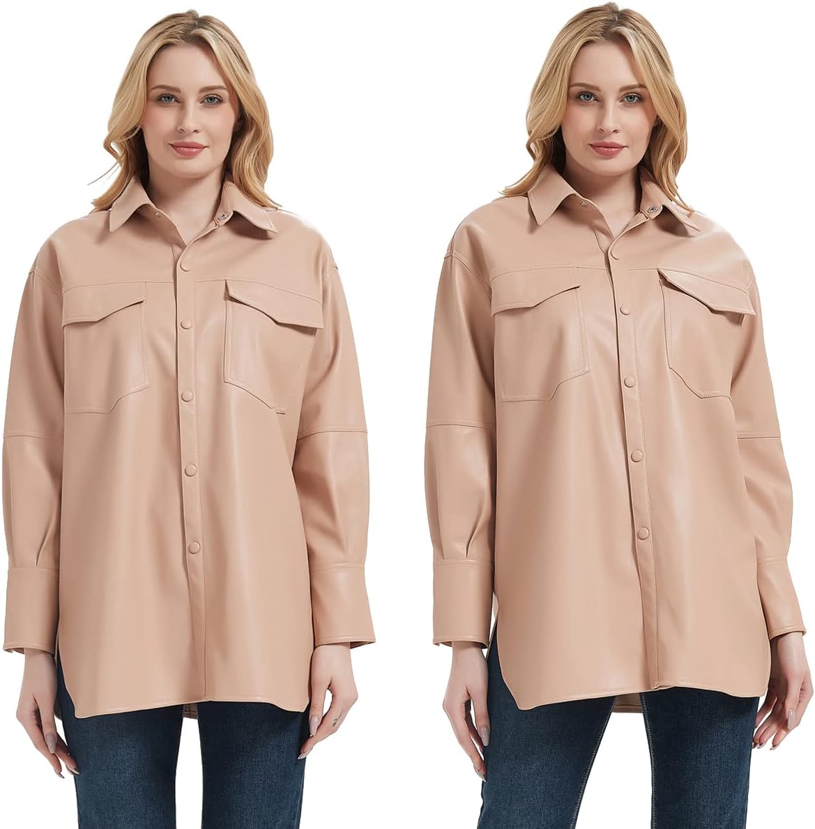 Detalle 2 de RISISSIDA Women's Faux Leather Shacket with Brushed Lining and Chest Pockets