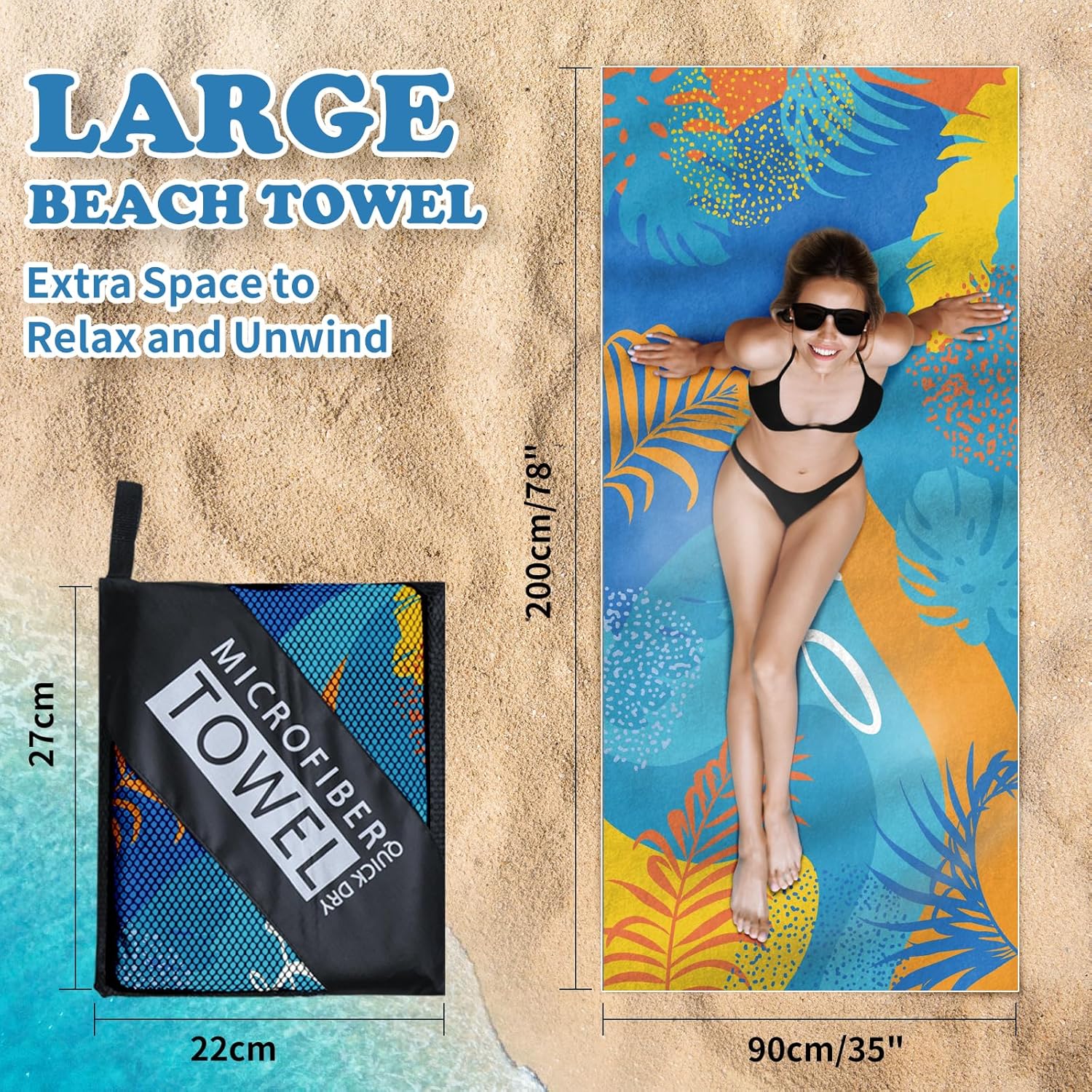 Thumbnail 1 de Startseite 200 x 90 cm Microfibre Towel – Large, Sand-Free & Quick-Drying with Storage Bag (Blue Stripe)