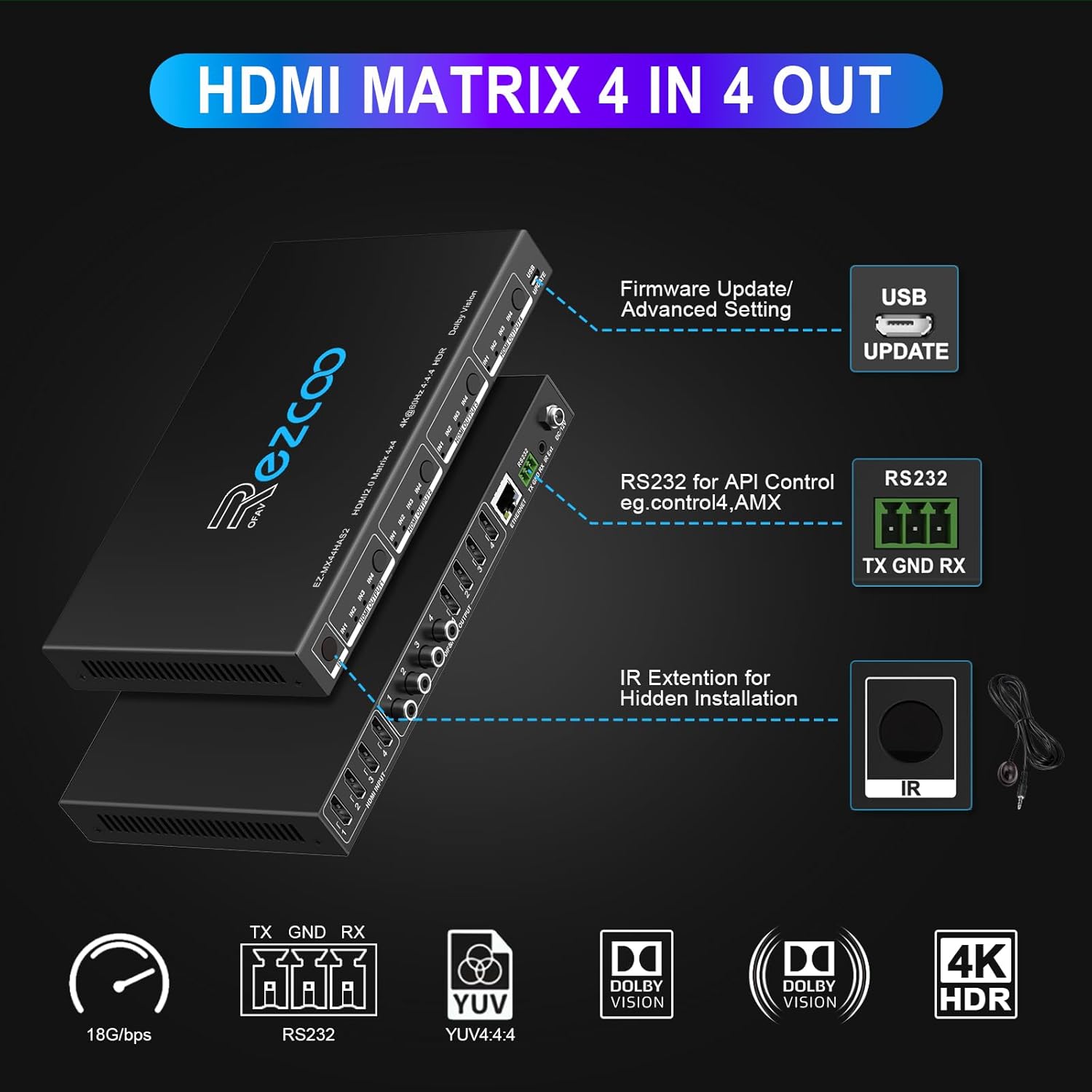 Thumbnail 5 de Matrix HDMI 4x4 4K à 60Hz HDR (HDCP 2.2) avec audio coaxial, EDID et contrôle IP/RS232 – MX44-HAS2