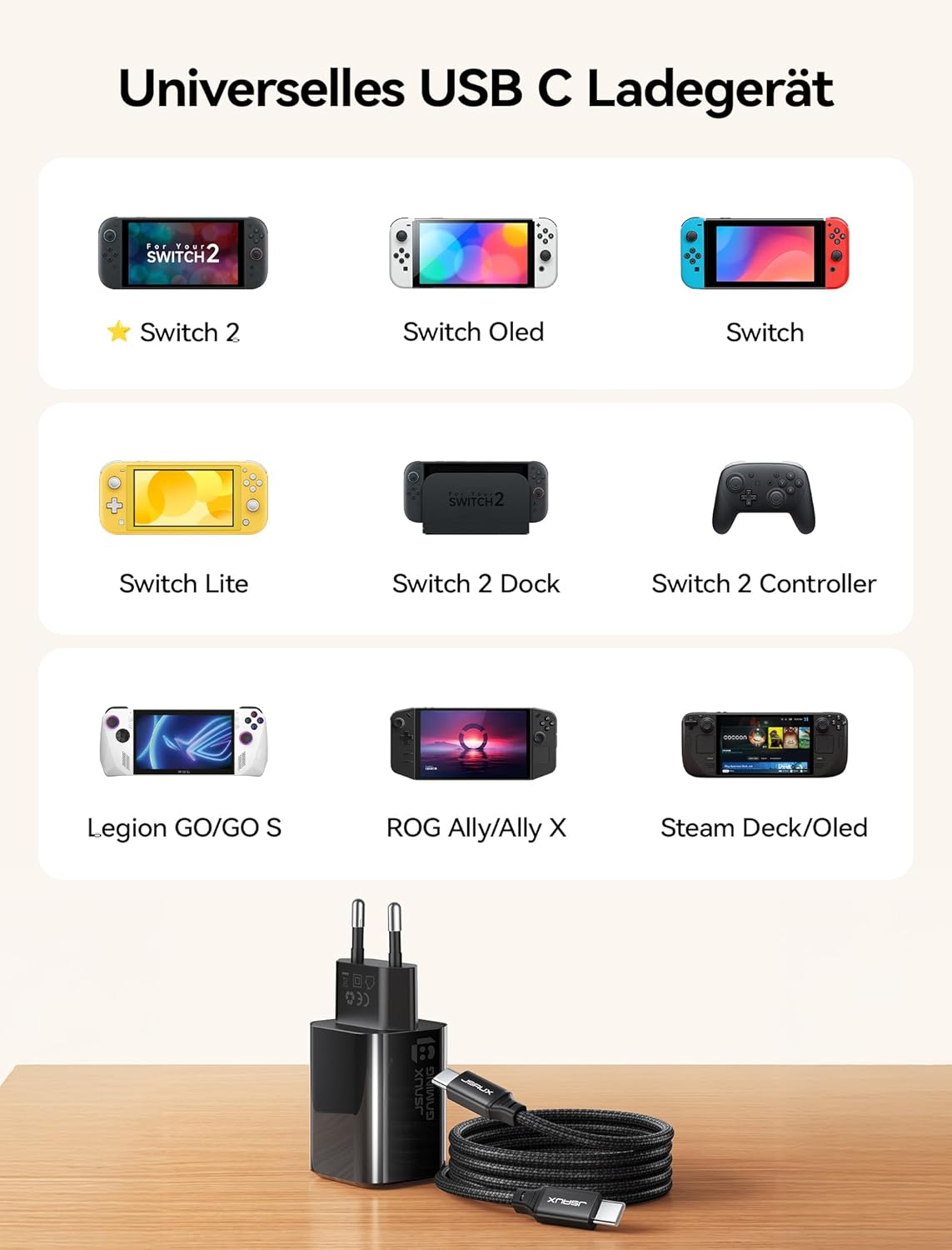 Thumbnail 6 de JSAUX 60W USB‑C Ladegerät mit GaN für Switch 2 (TV-Modus) – inkl. 2m USB‑C Kabel