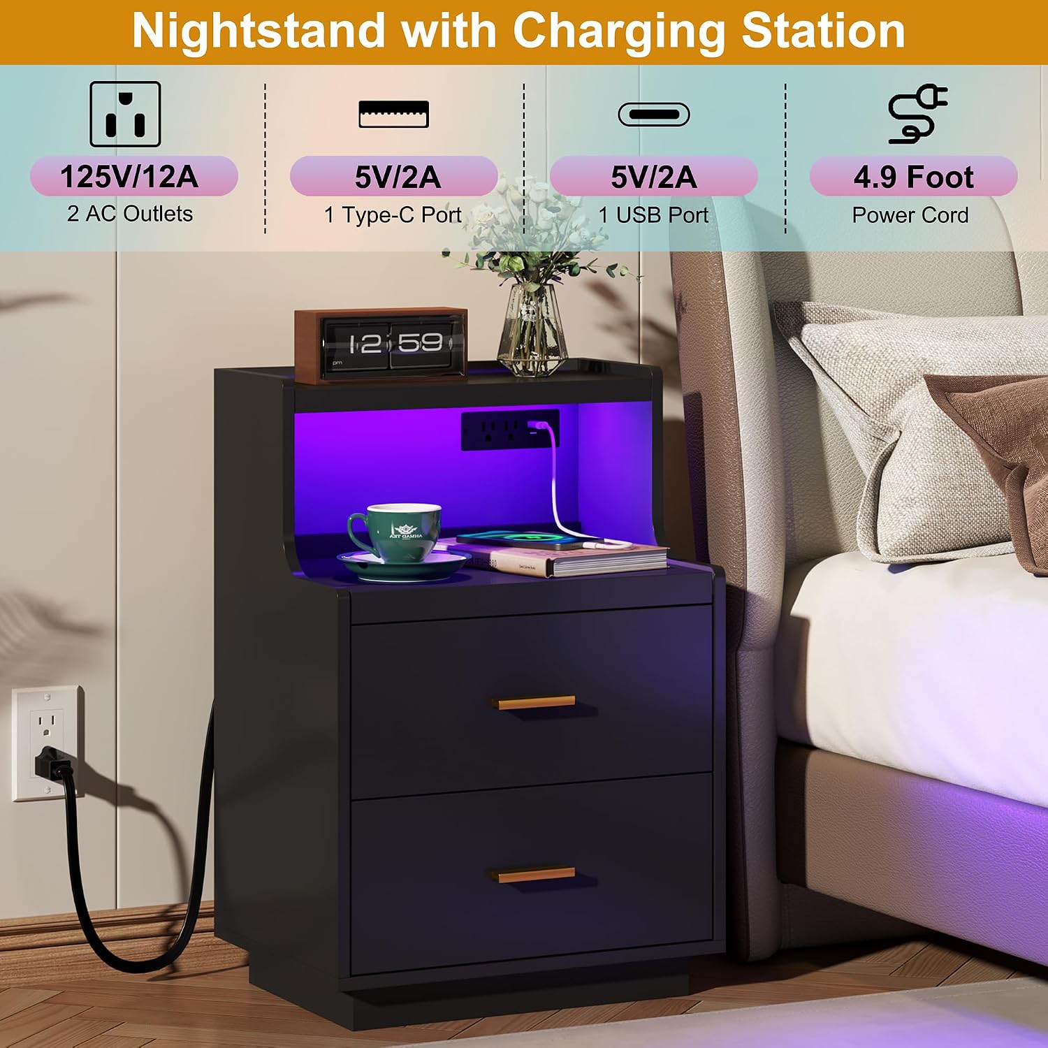 Detalle de Yusong LED Nightstand with Charging Station, RGB Lights, 2 Drawers, Black