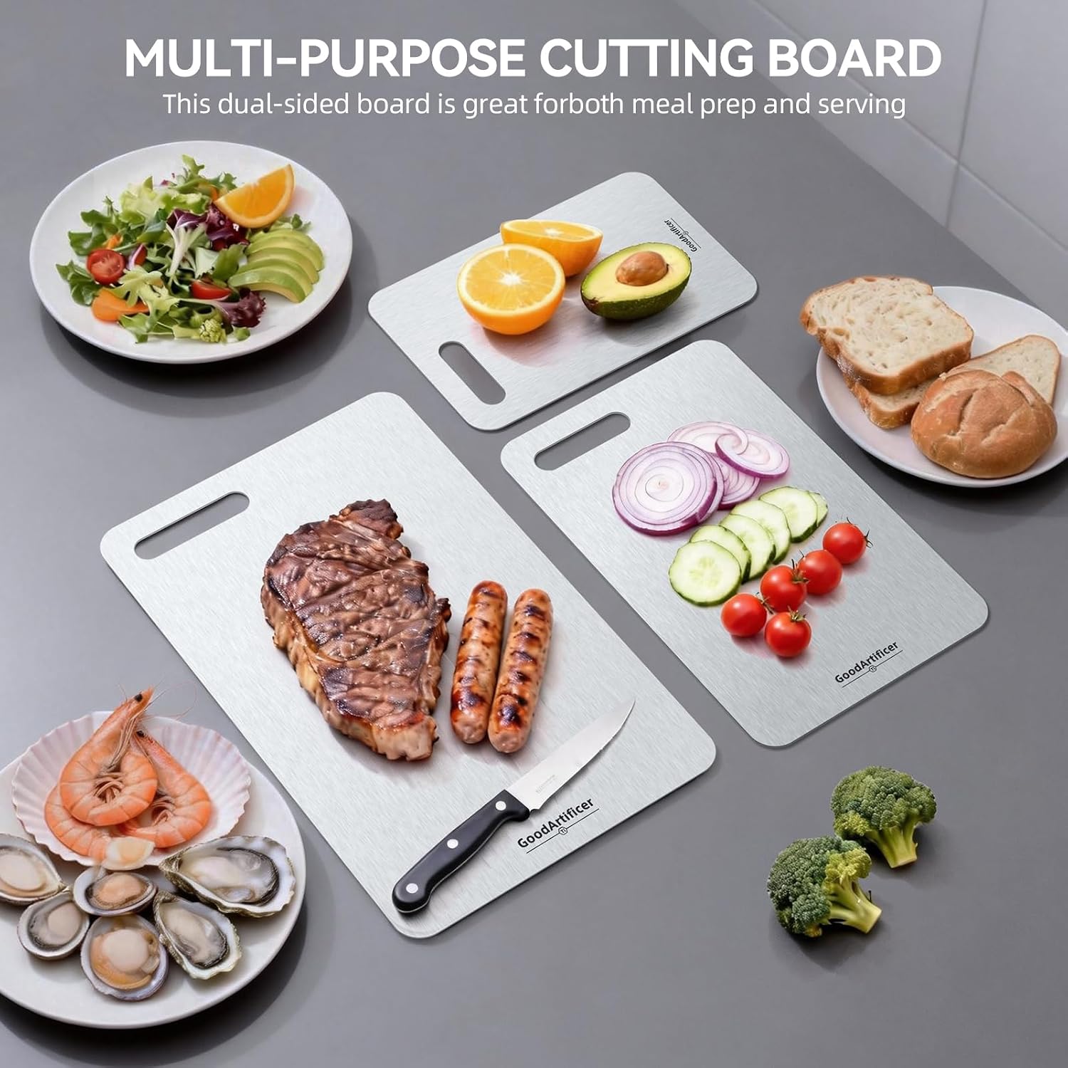 Detalle de Titanium Cutting Boards Set of 3: 100% Pure Titanium, Double-Sided, Dishwasher Safe