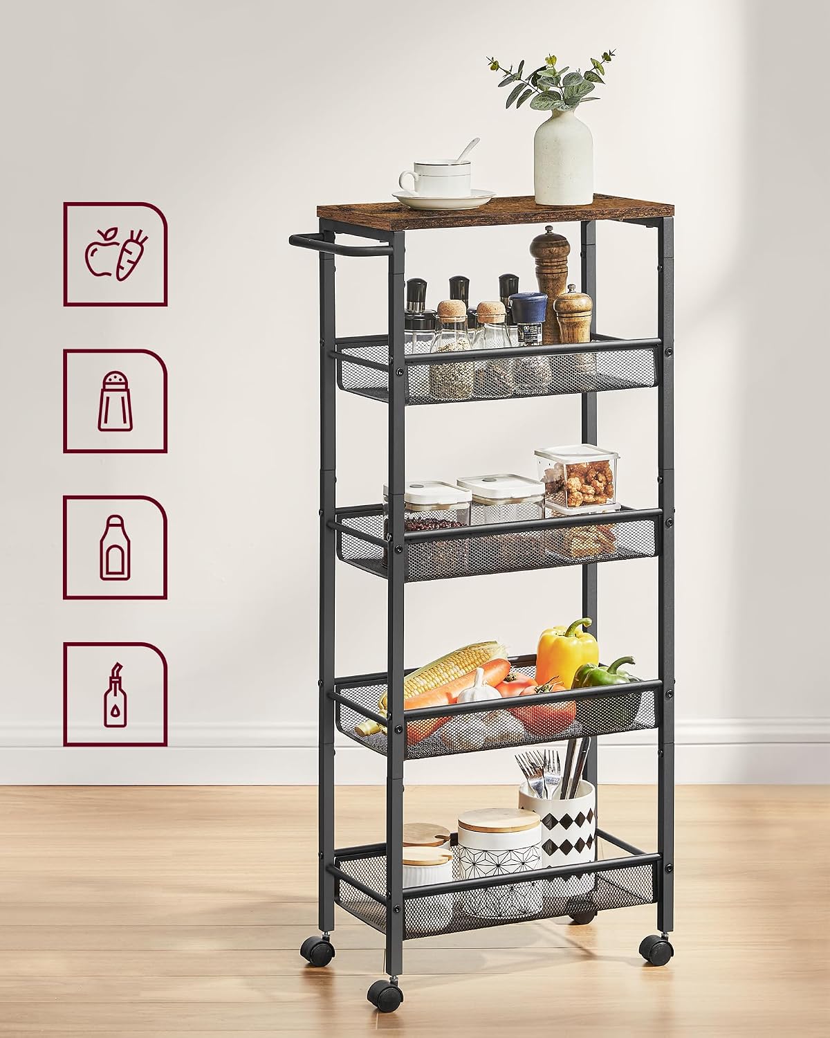 Detalle 2 de VASAGLE DACEY LRC035B01 – wąski wózek wnękowy, 5 poziomów, głębokość 22 cm