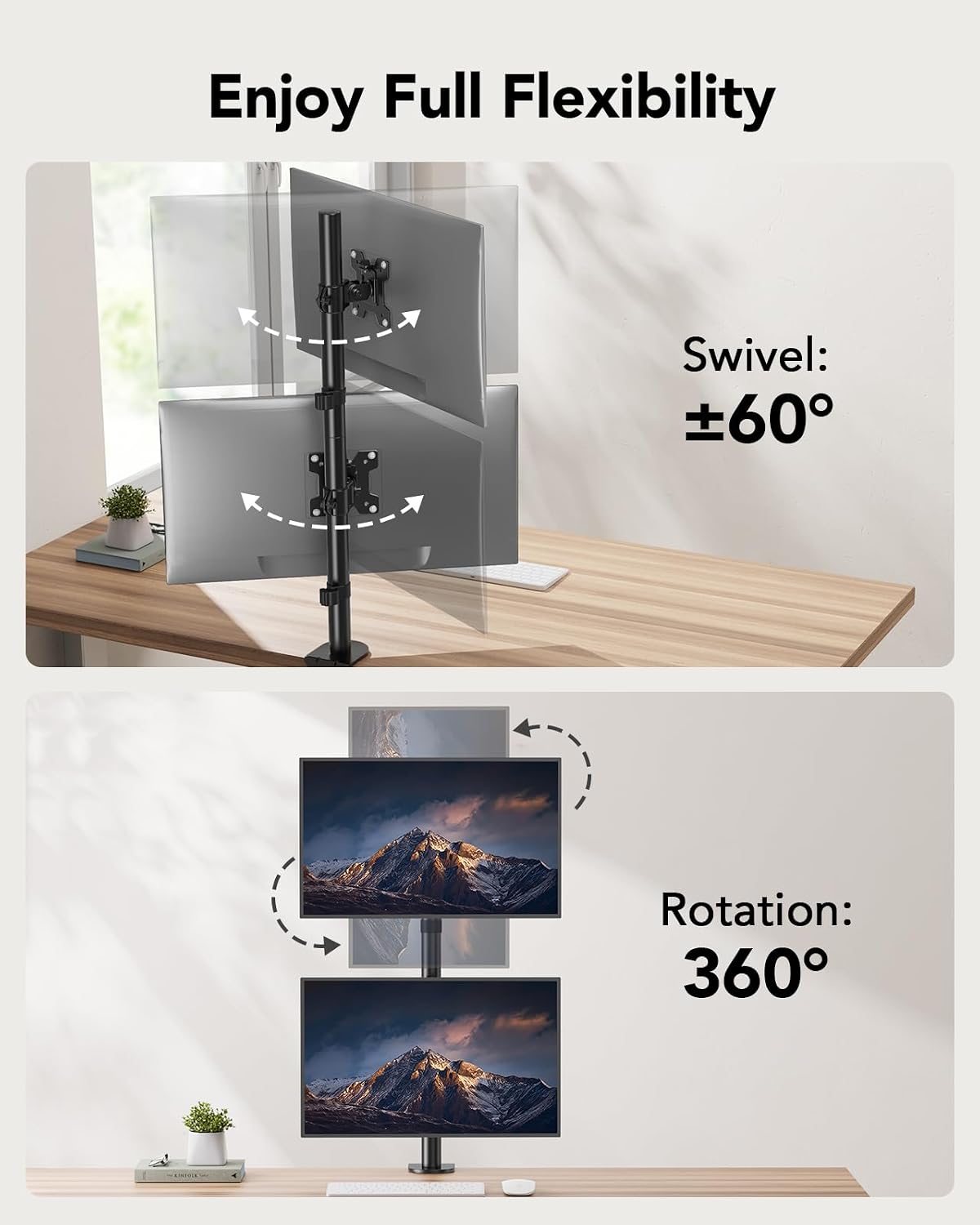 Detalle 2 de HUANUO Vertical Dual Monitor Stand | Stacked 2‑Monitor Arm for 17–32 Inch Screens