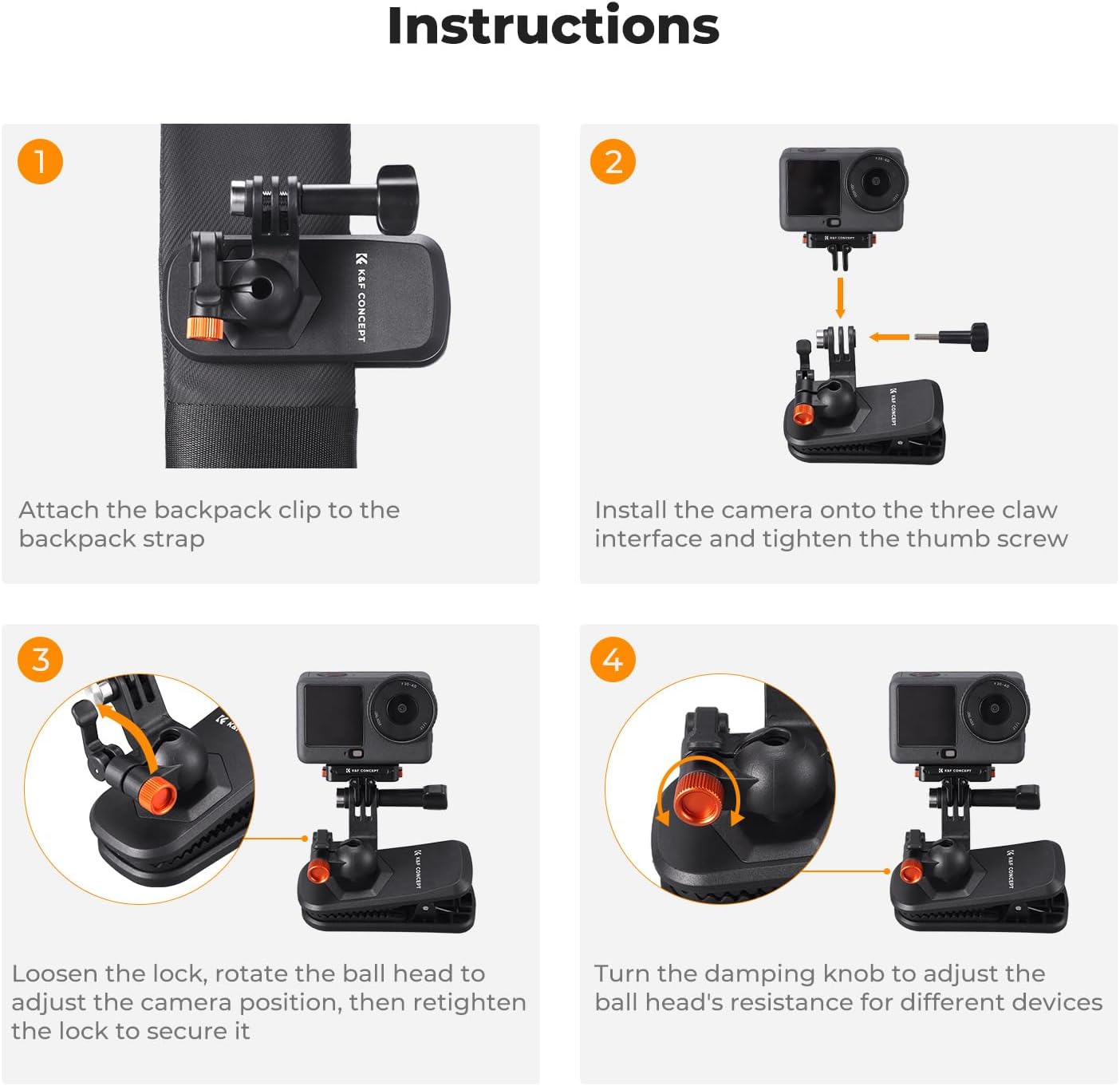 Thumbnail 6 de K&F CONCEPT Magnetic Backpack Clip Mount with 360° Ball Head – Universal Action Camera Holder