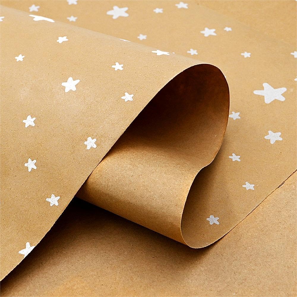 Thumbnail 1 de 15m Kraft White Star Wrapping Paper Roll