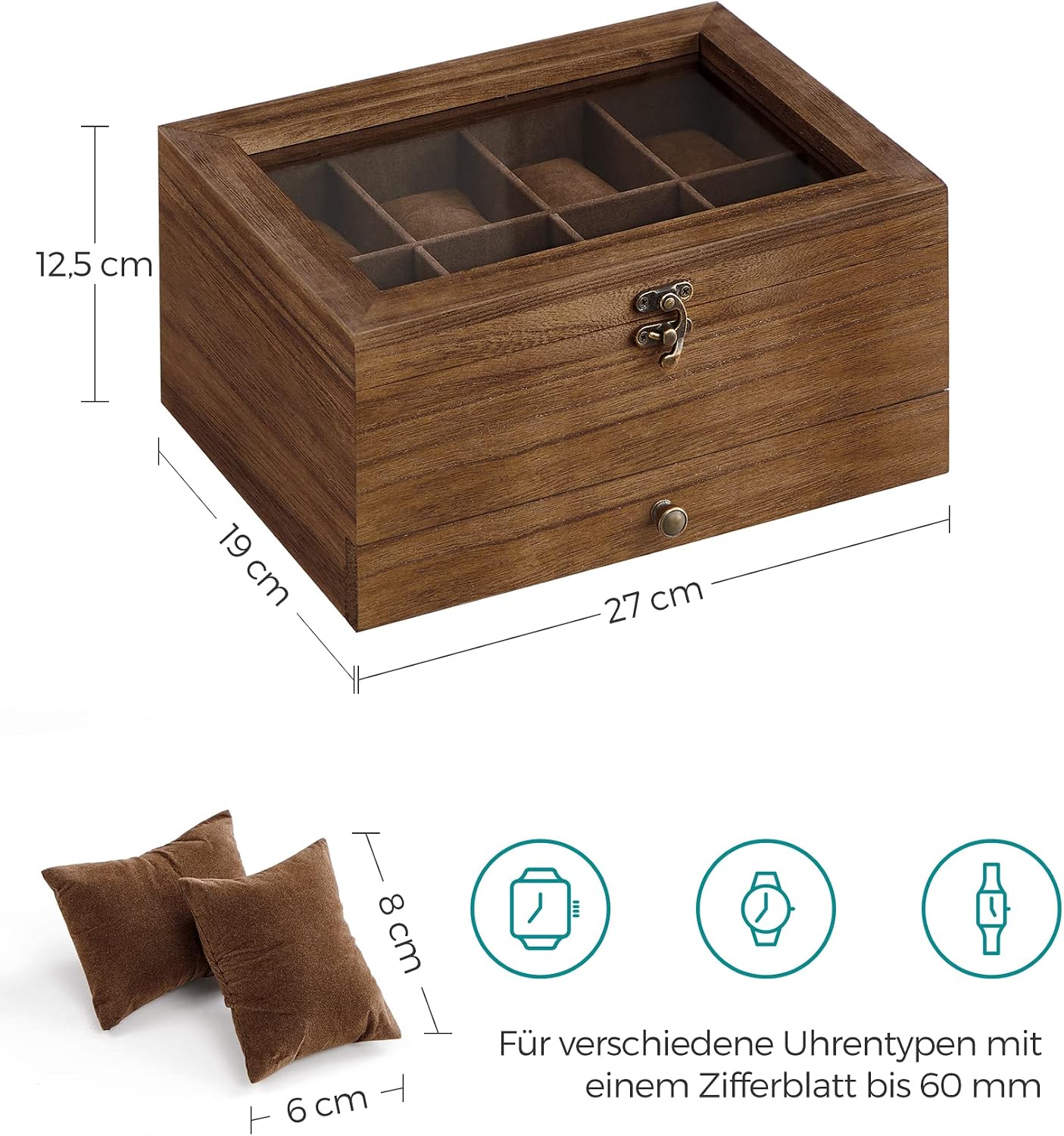 Detalle 2 de SONGMICS GISELLA Kollektion: Uhrenbox mit 8 Fächern aus Massivholz, Glasdeckel und Walnussfinish (JOW008K01)
