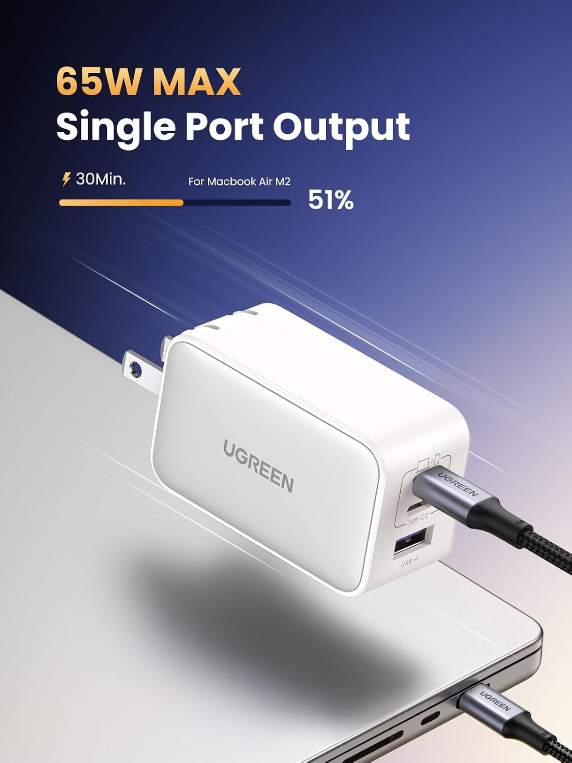 Detalle de UGREEN Nexode 65W USB-C Charger, 3-Port GaN Adapter with Foldable Plug