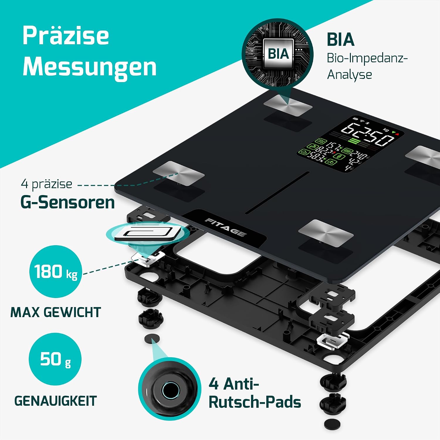Thumbnail 3 de Digitale Personenwaage „Testsieger 2025“ – Körperanalysewaage bis 225 kg mit App & 17 Messwerten (Schwarz)