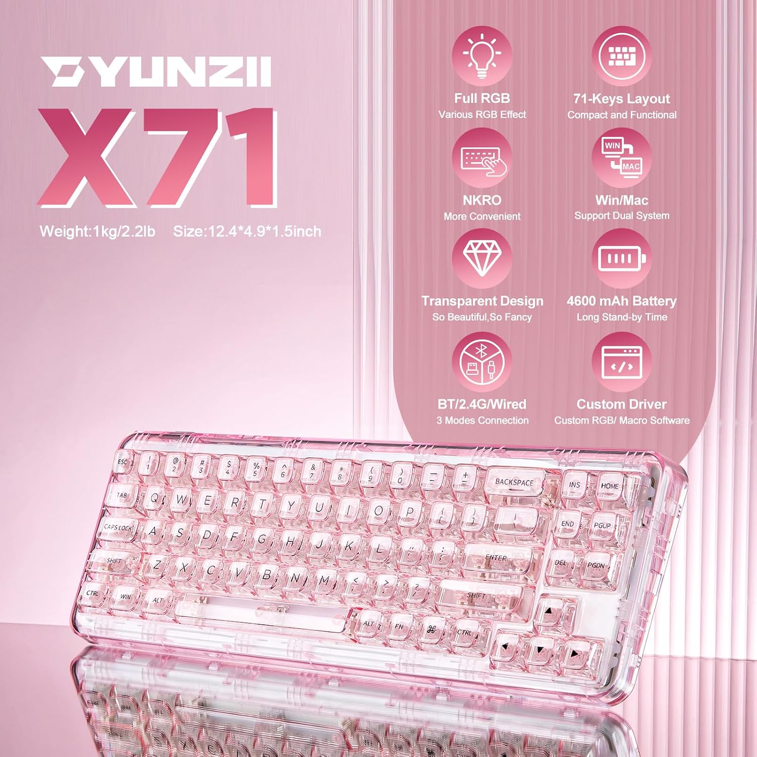 Detalle de YUNZII X71 Transparente Mechanische Tastatur (68% Layout, Crystal Ice Switch, Pink) mit Dichtung und Hot-Swap