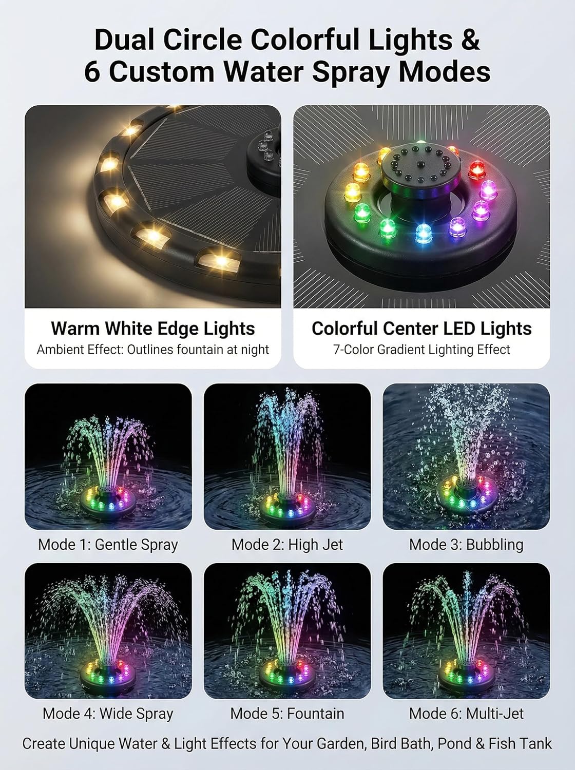 Thumbnail 4 de Solar Springbrunnen 3,5W – Solarteichpumpe mit LEDs, 6 Sprüh-Effekten & 8 bunten plus 16 warmweißen Lichtern