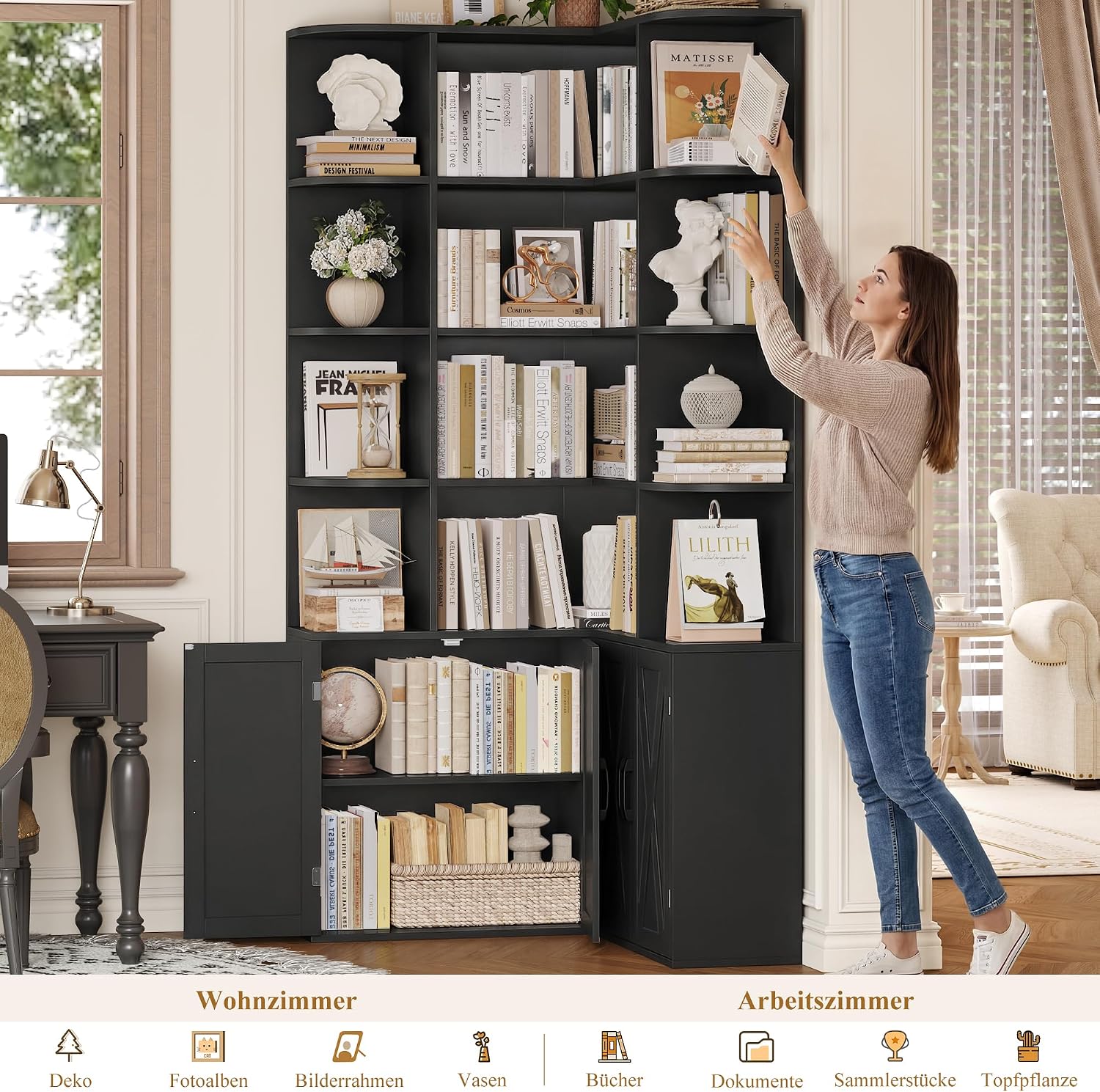 Thumbnail 6 de FirFurd P745 Corner Bookcase, Black, 17 Shelves and 4 Doors