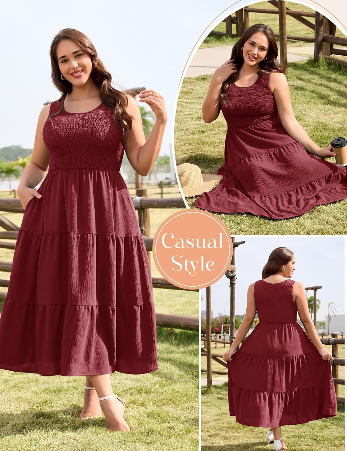 Detalle de PASUDA Robe Longue d'Été Femme Taille Grande – Col Carré, Sans Manches, Taille Haute Élastique, Fluide et Chic
