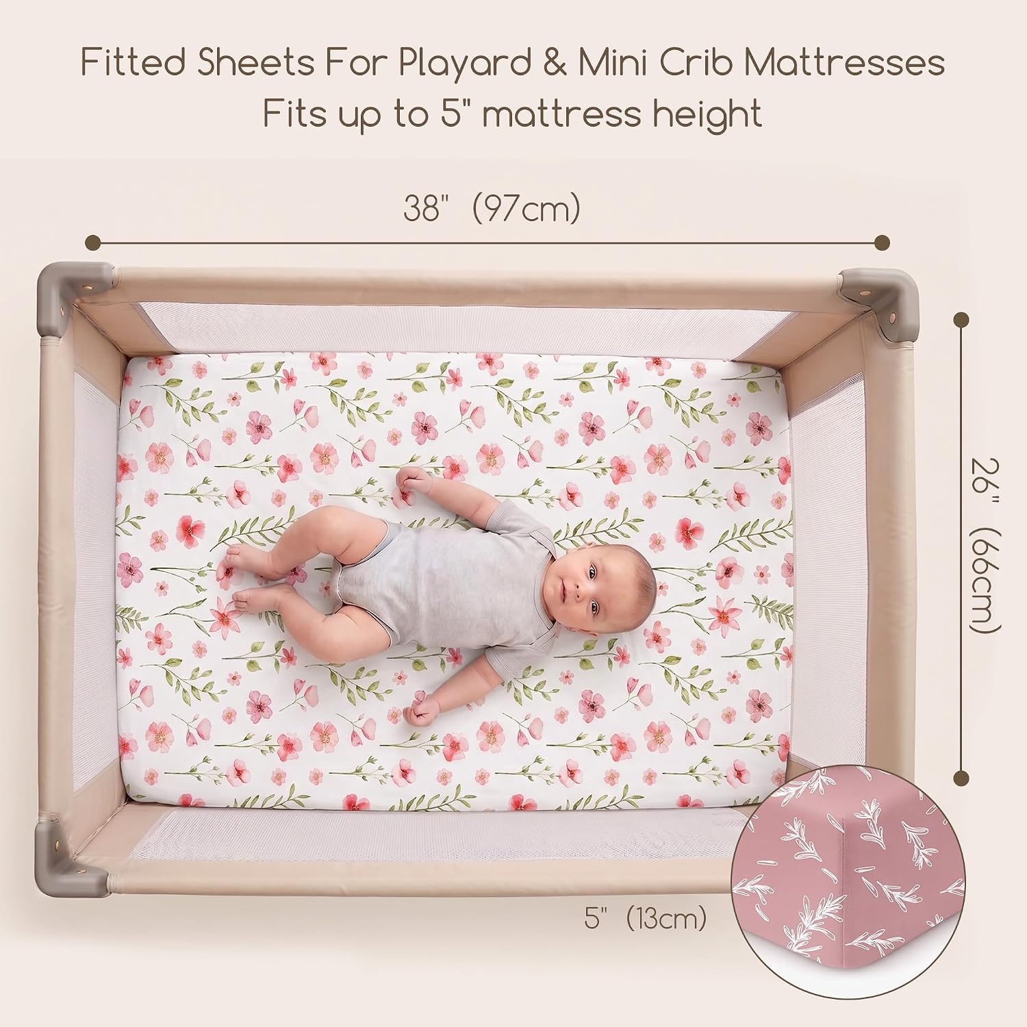 Detalle de CIVARUA KIDS VCLM3001 Pack and Play Sheets, 3-Pack Pink Floral Polyester