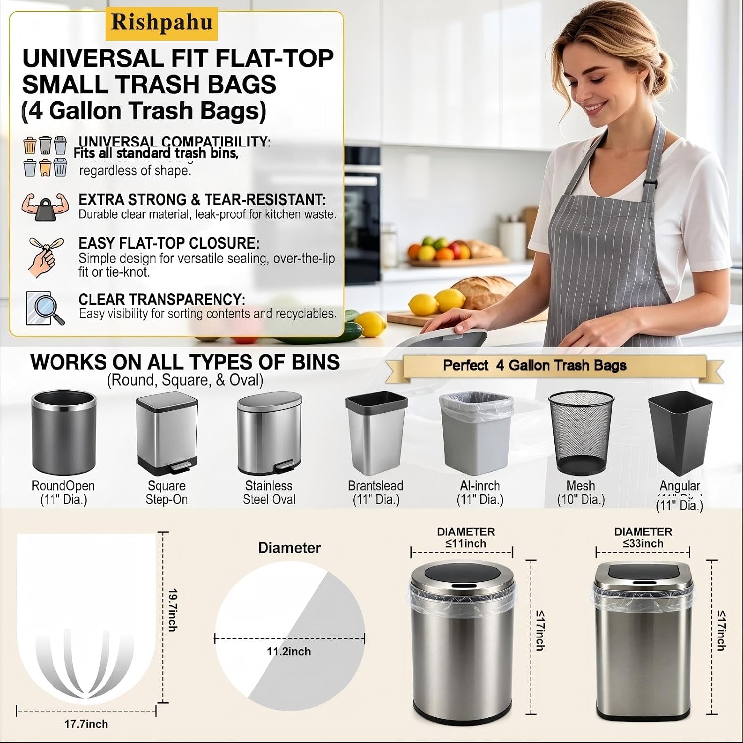 Thumbnail 1 de Rishpahu 4 Gallon Small Trash Bags — Unscented, 220 Ct, Transparent, 0.6Mil